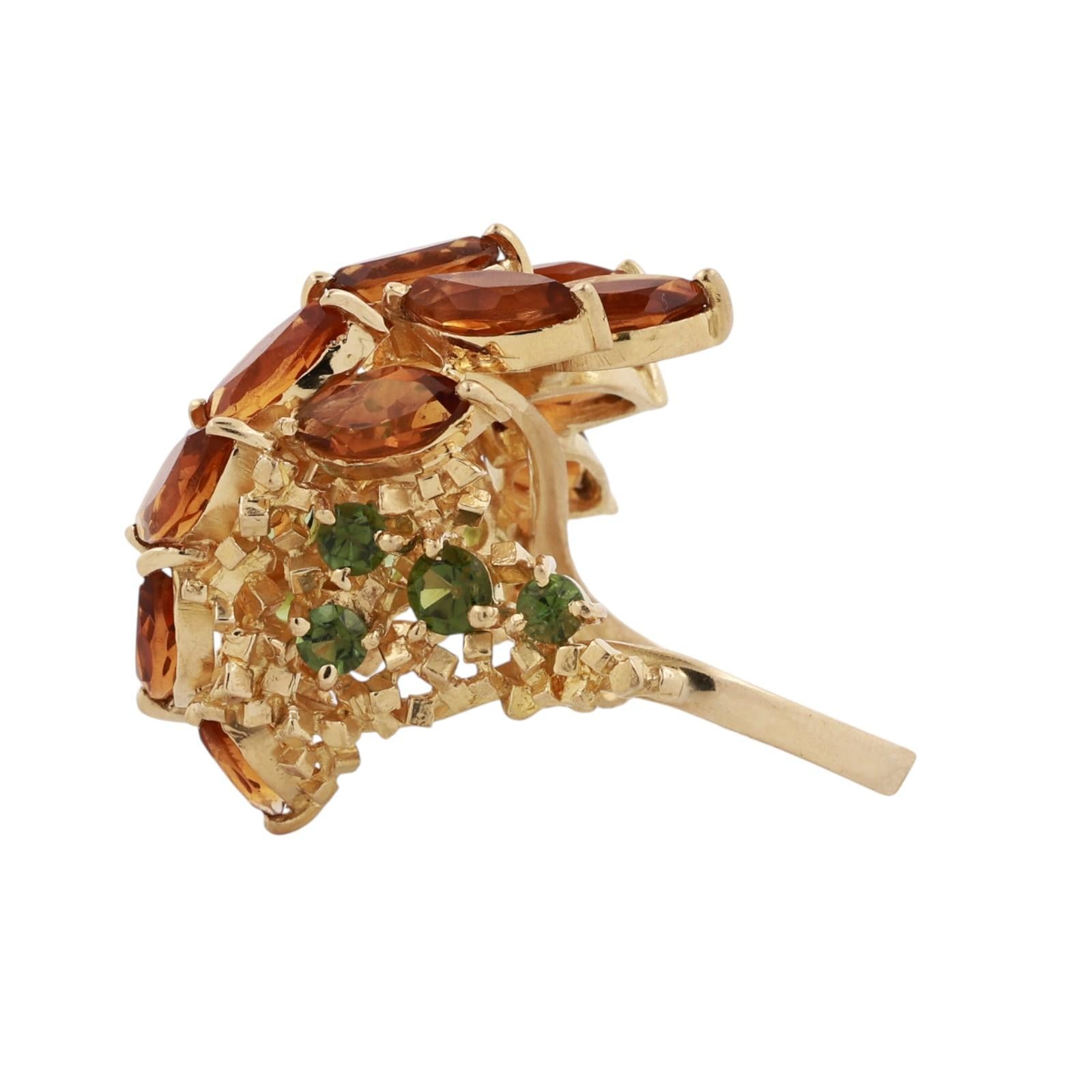 18K Yellow Gold 5.70CTW Citrine Peridot Floral Cluster Cocktail Statement Ring