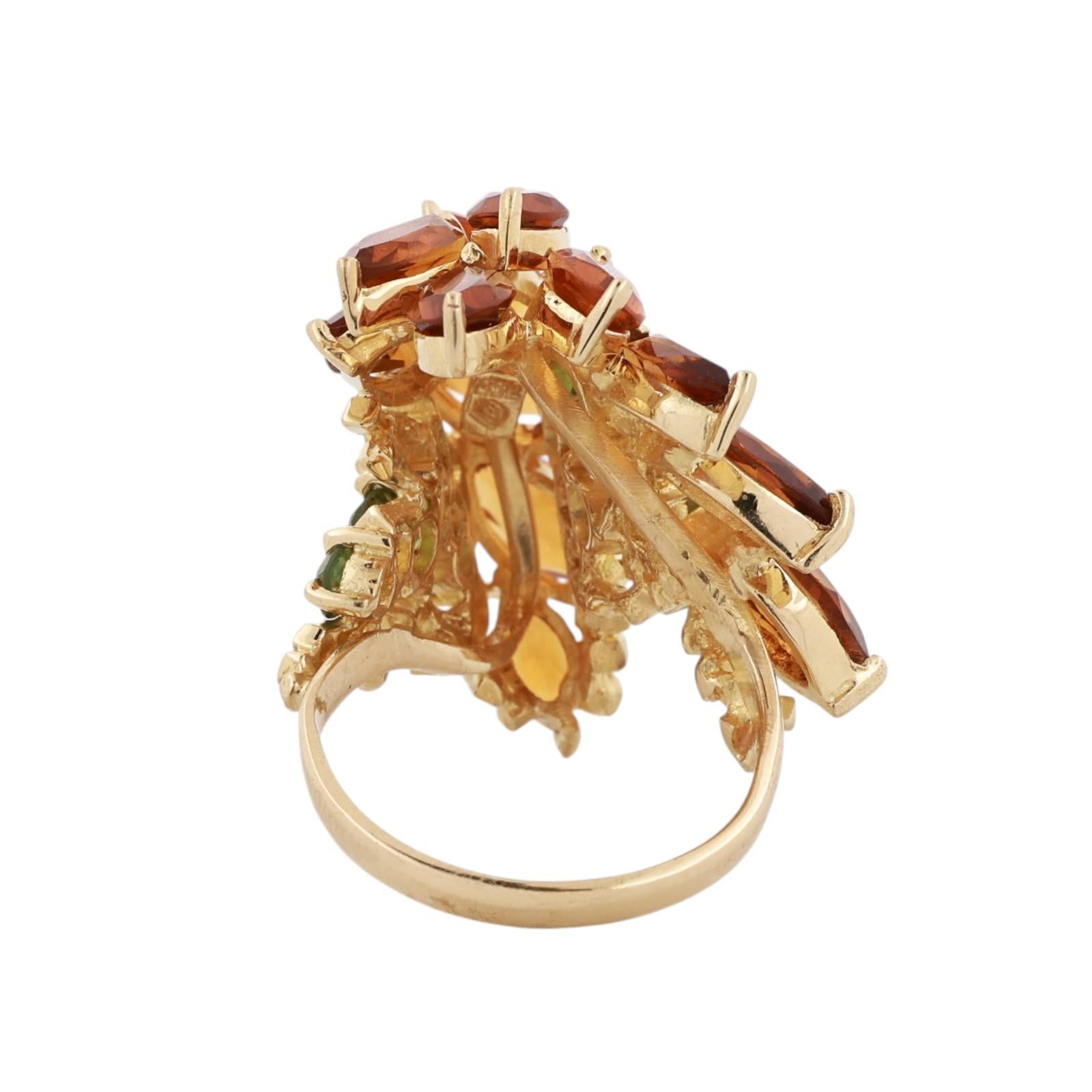 18K Yellow Gold 5.70CTW Citrine Peridot Floral Cluster Cocktail Statement Ring