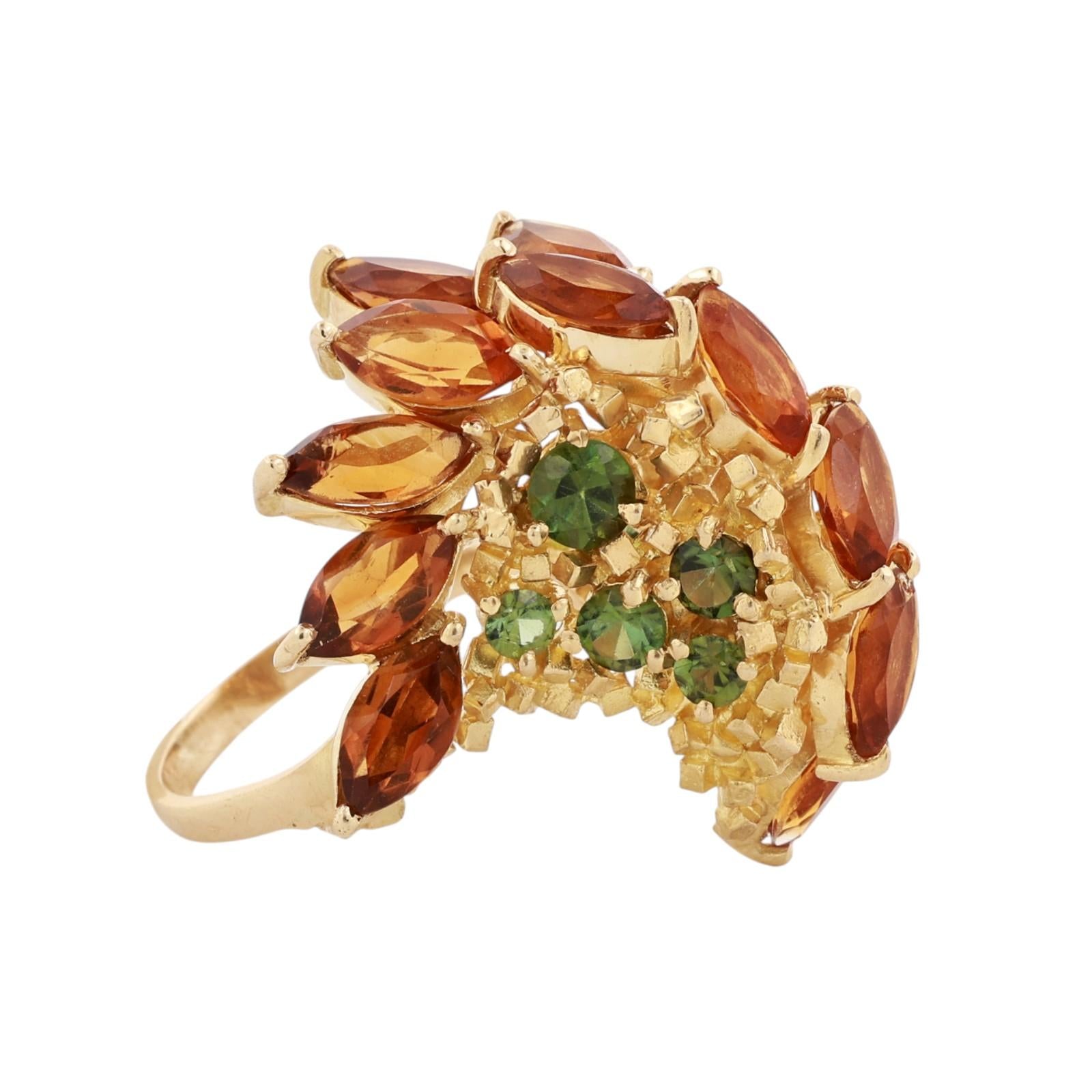 18K Yellow Gold 5.70CTW Citrine Peridot Floral Cluster Cocktail Statement Ring