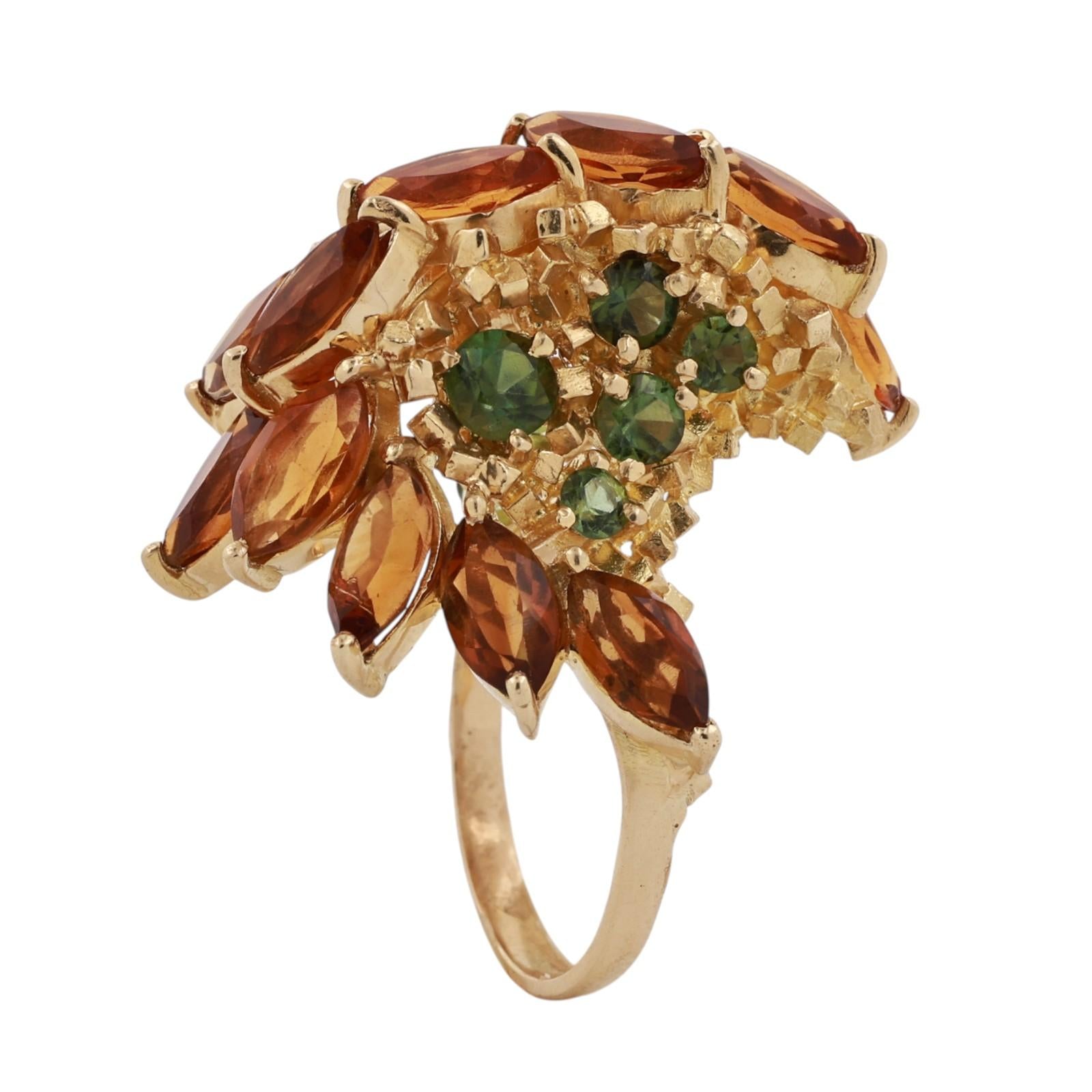 18K Yellow Gold 5.70CTW Citrine Peridot Floral Cluster Cocktail Statement Ring