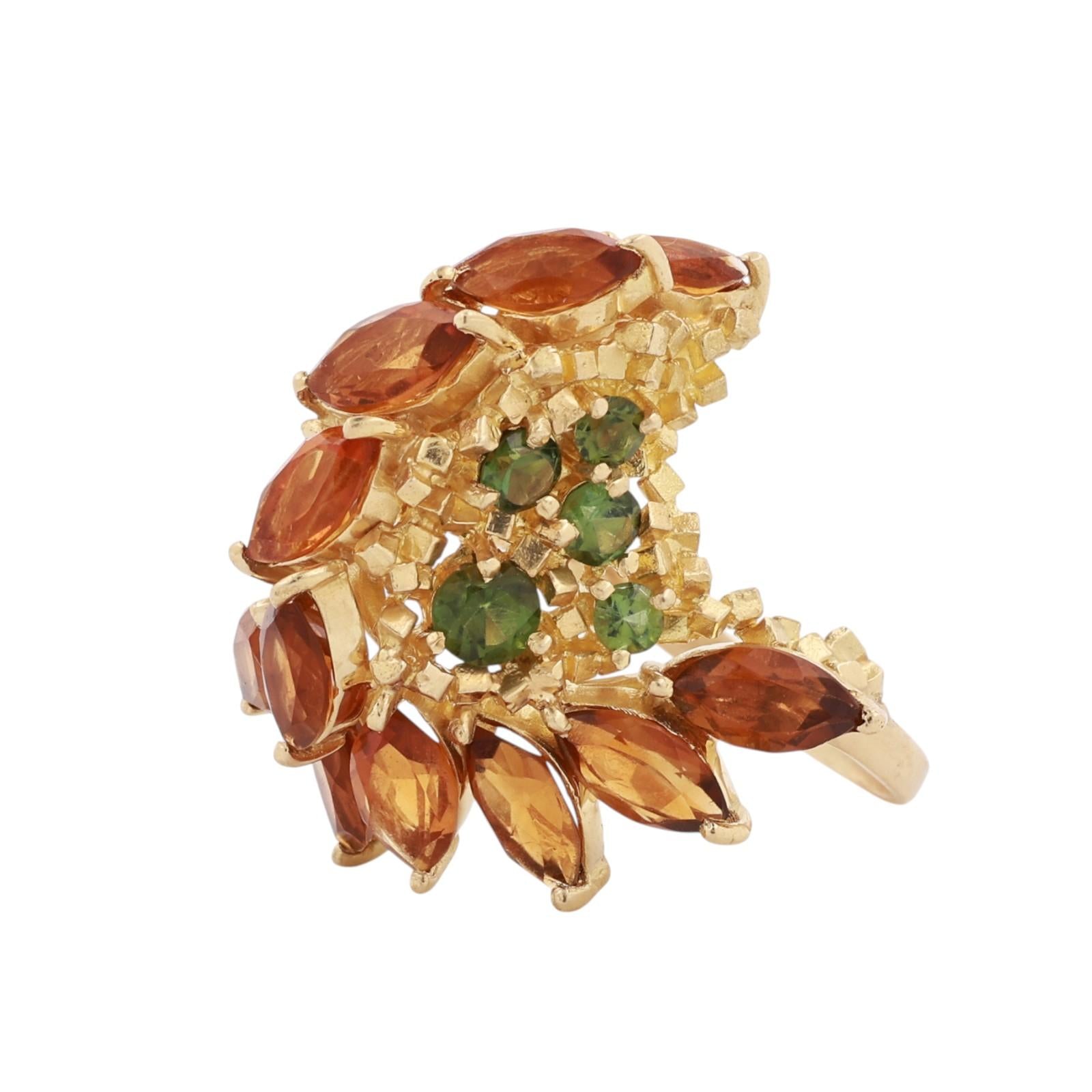 18K Yellow Gold 5.70CTW Citrine Peridot Floral Cluster Cocktail Statement Ring