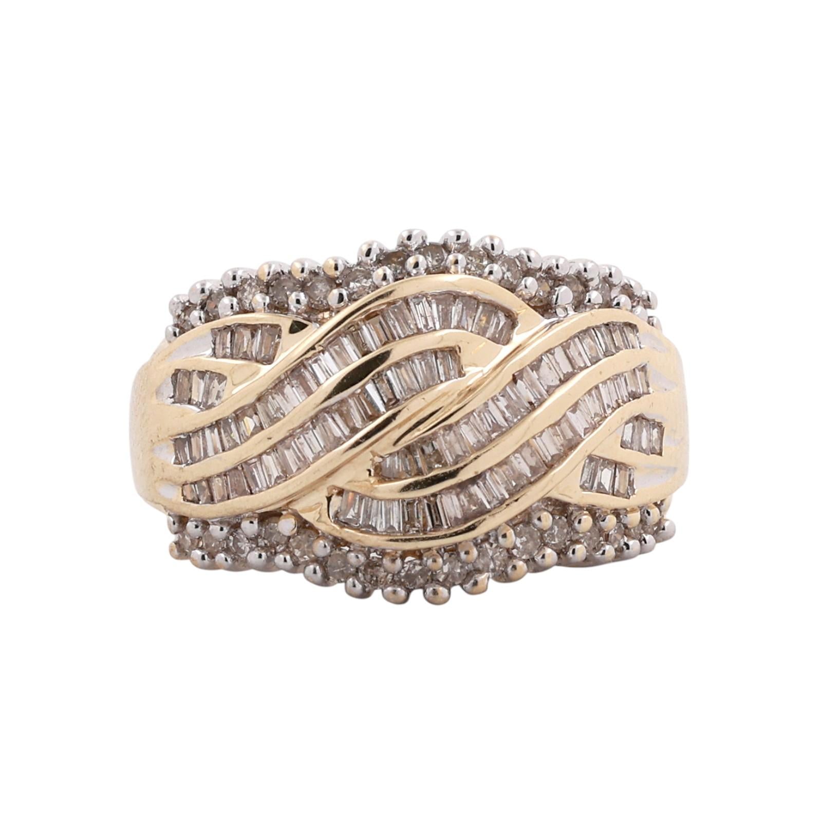 10K Two-Tone Gold 1.00CTW Round And Baguette Diamond Swirl Cluster Ring Size 7