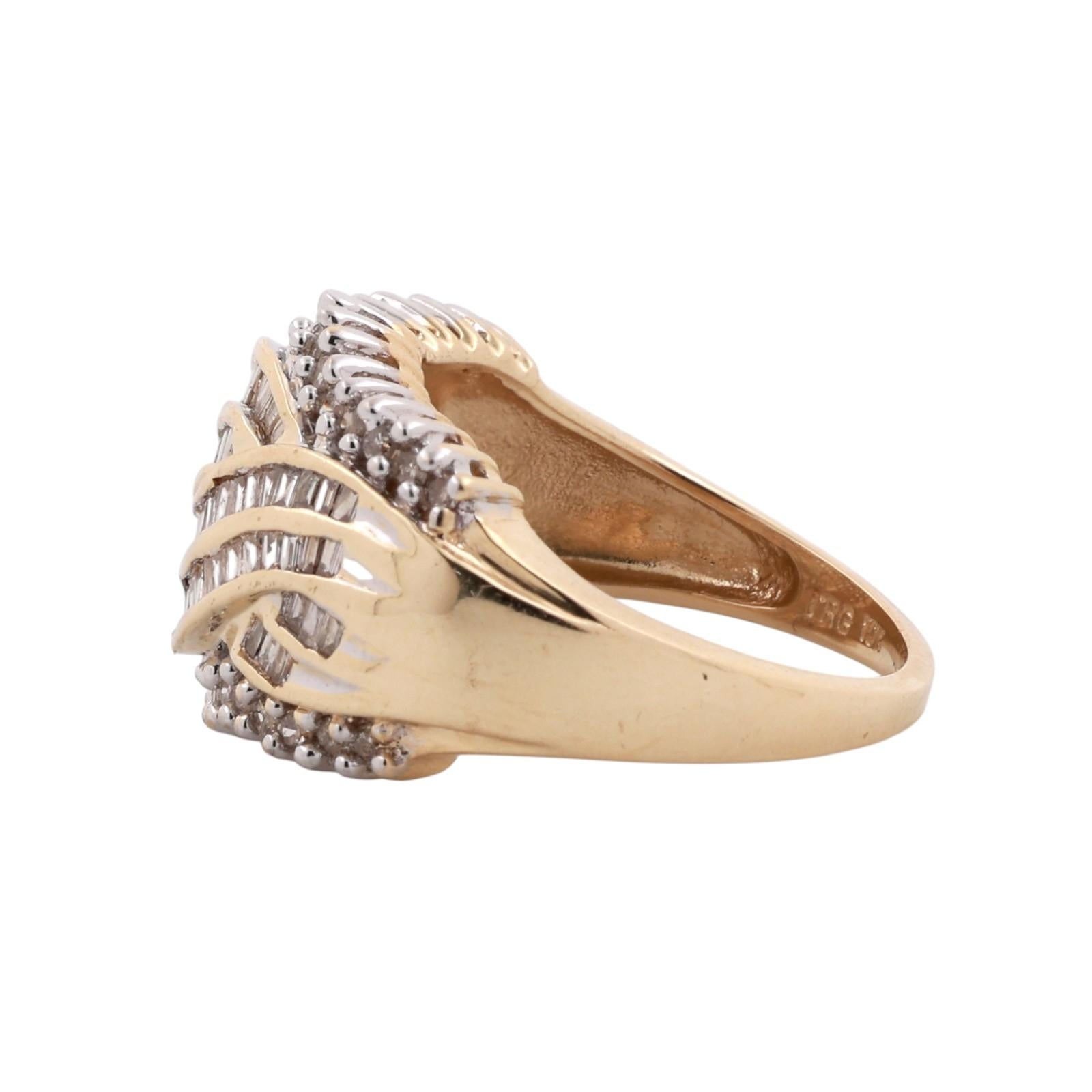 10K Two-Tone Gold 1.00CTW Round And Baguette Diamond Swirl Cluster Ring Size 7