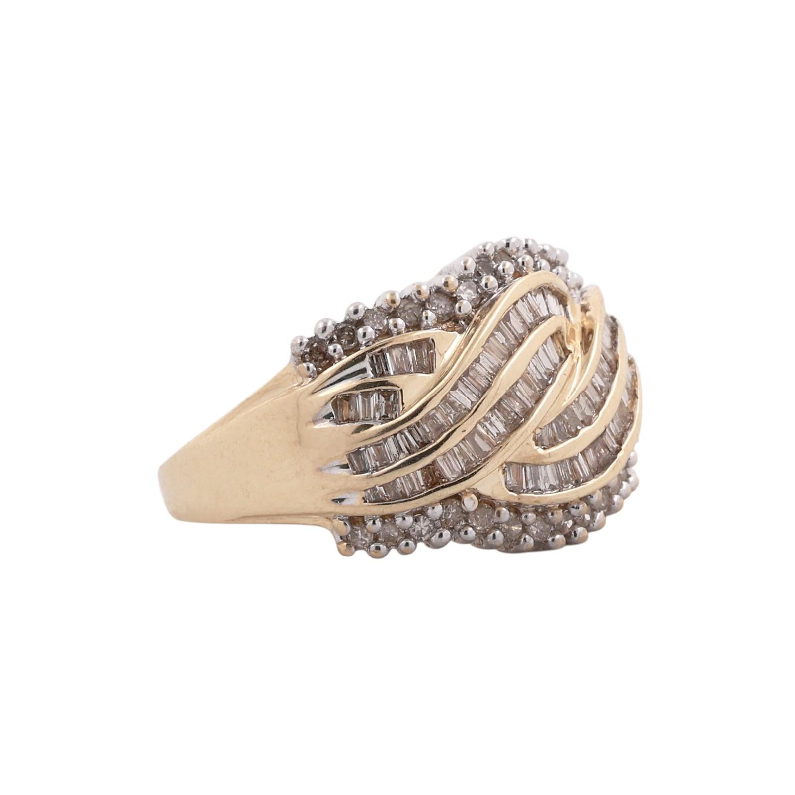 10K Two-Tone Gold 1.00CTW Round And Baguette Diamond Swirl Cluster Ring Size 7