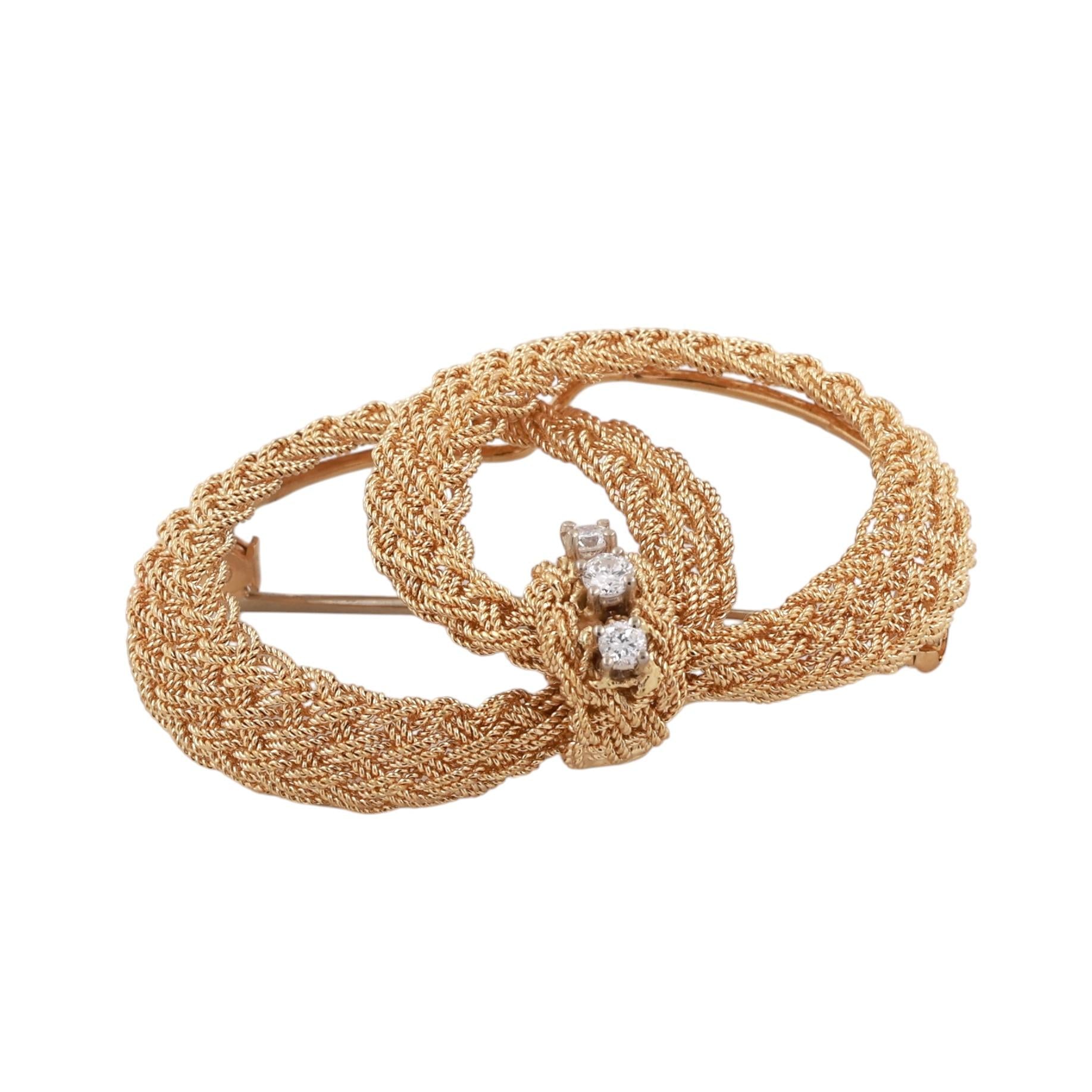 18K Two-Tone Gold Diamond Woven Mesh Double Oval Knot Brooch Pin Italy