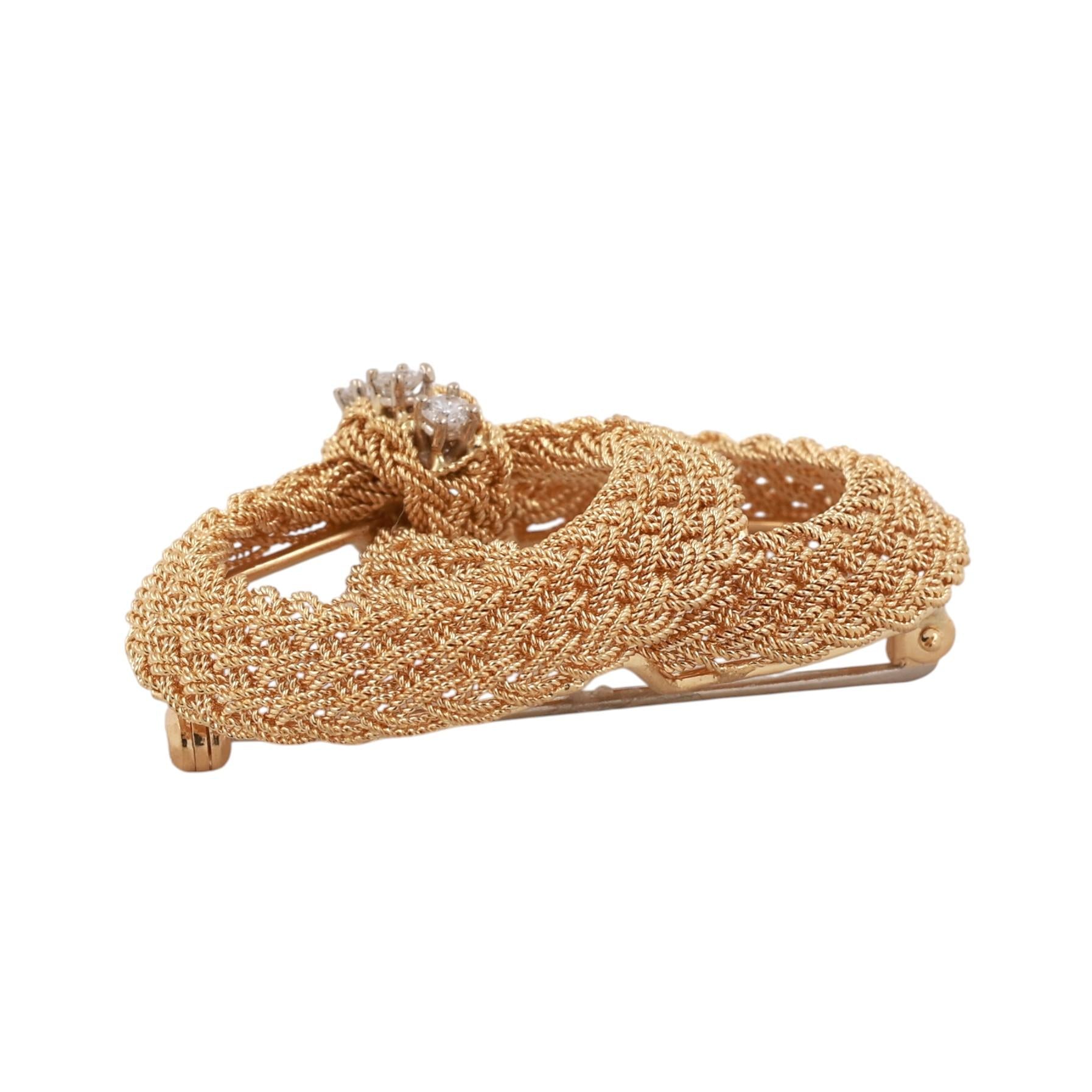 18K Two-Tone Gold Diamond Woven Mesh Double Oval Knot Brooch Pin Italy
