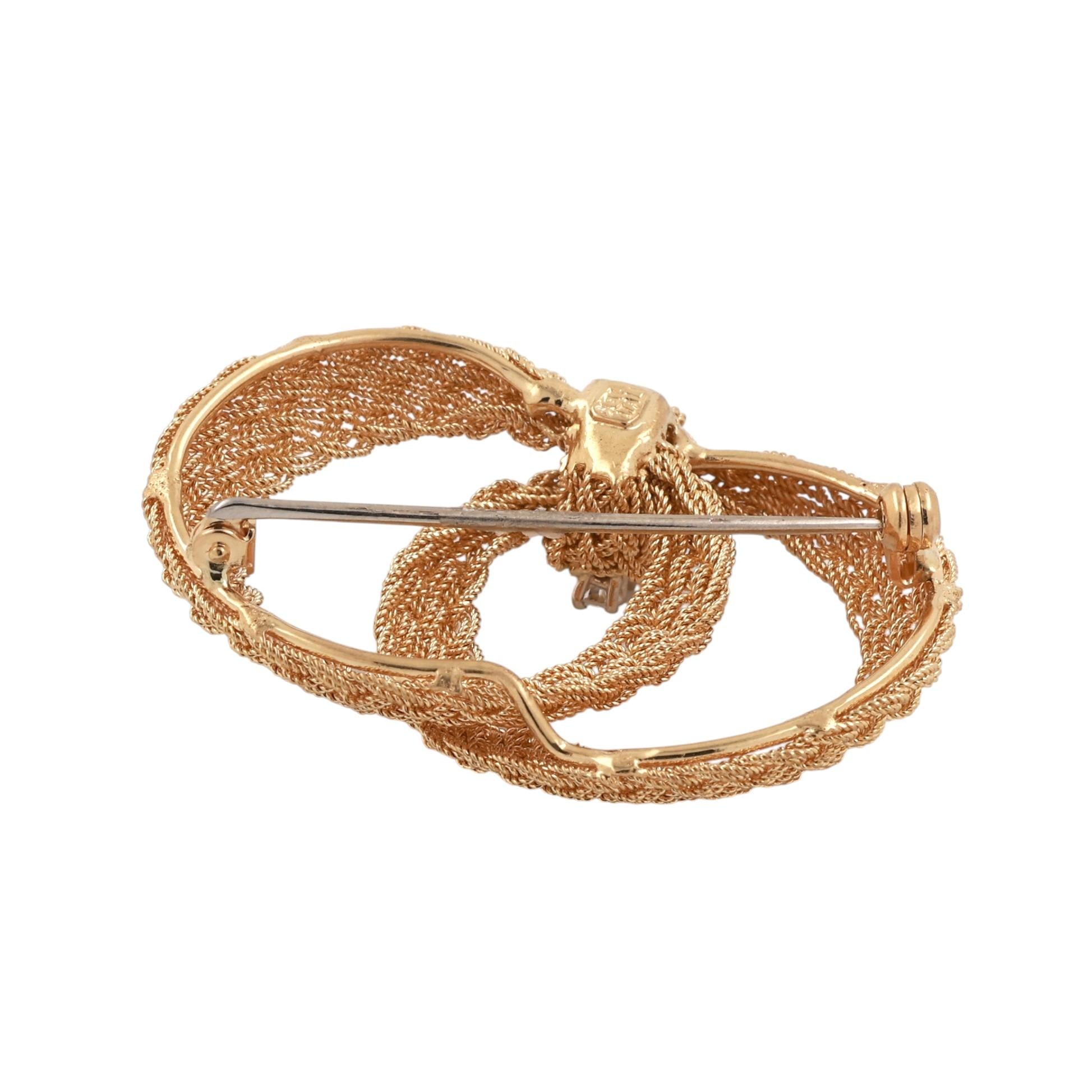 18K Two-Tone Gold Diamond Woven Mesh Double Oval Knot Brooch Pin Italy