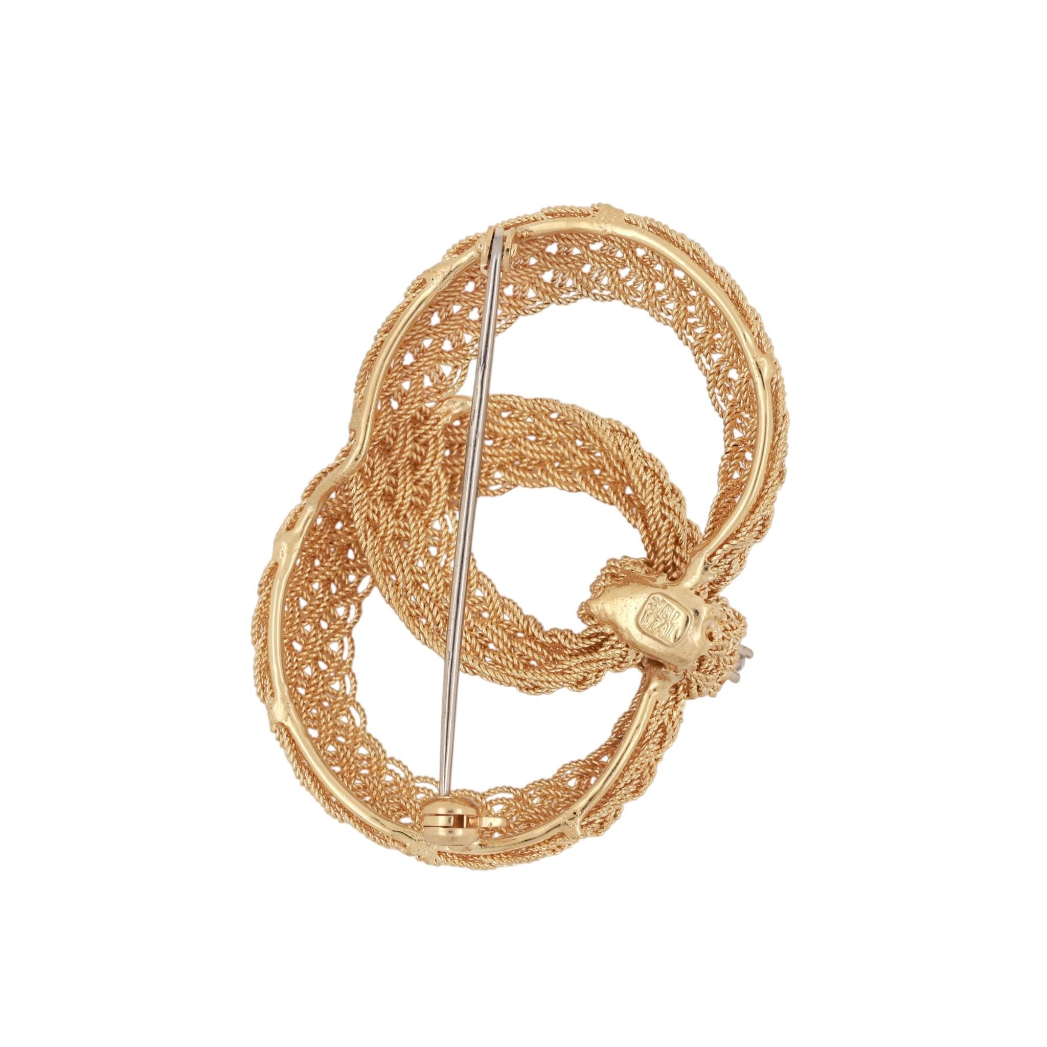 18K Two-Tone Gold Diamond Woven Mesh Double Oval Knot Brooch Pin Italy