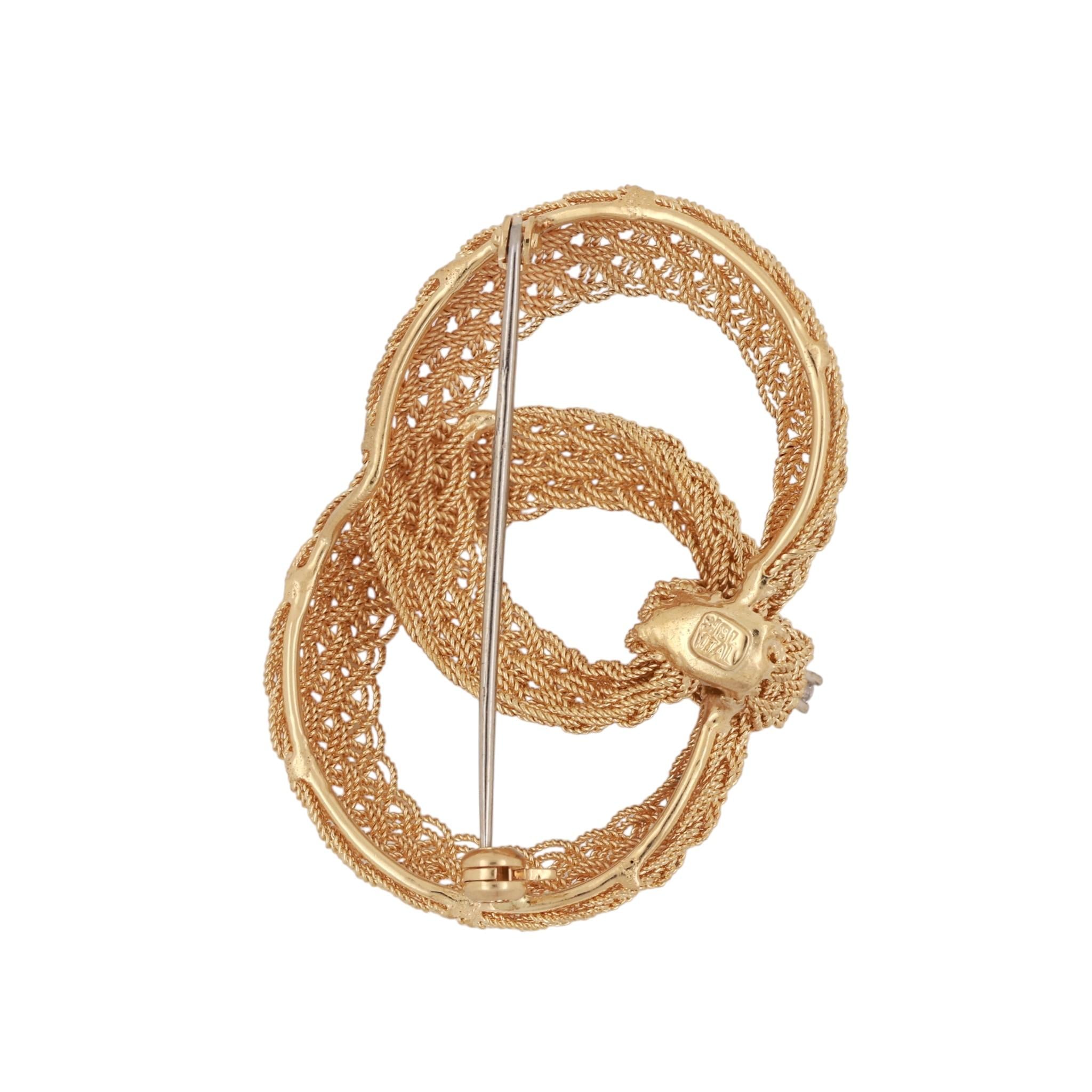 18K Two-Tone Gold Diamond Woven Mesh Double Oval Knot Brooch Pin Italy