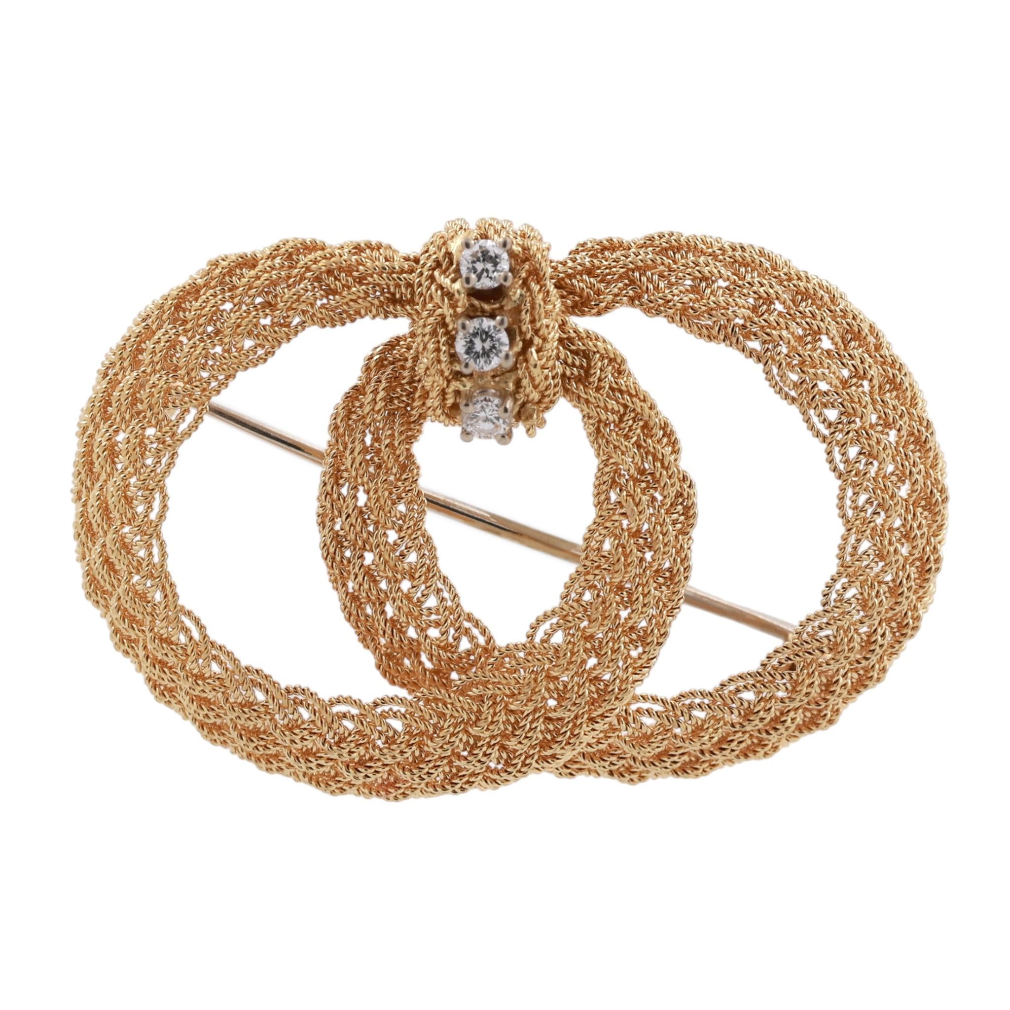 18K Two-Tone Gold Diamond Woven Mesh Double Oval Knot Brooch Pin Italy