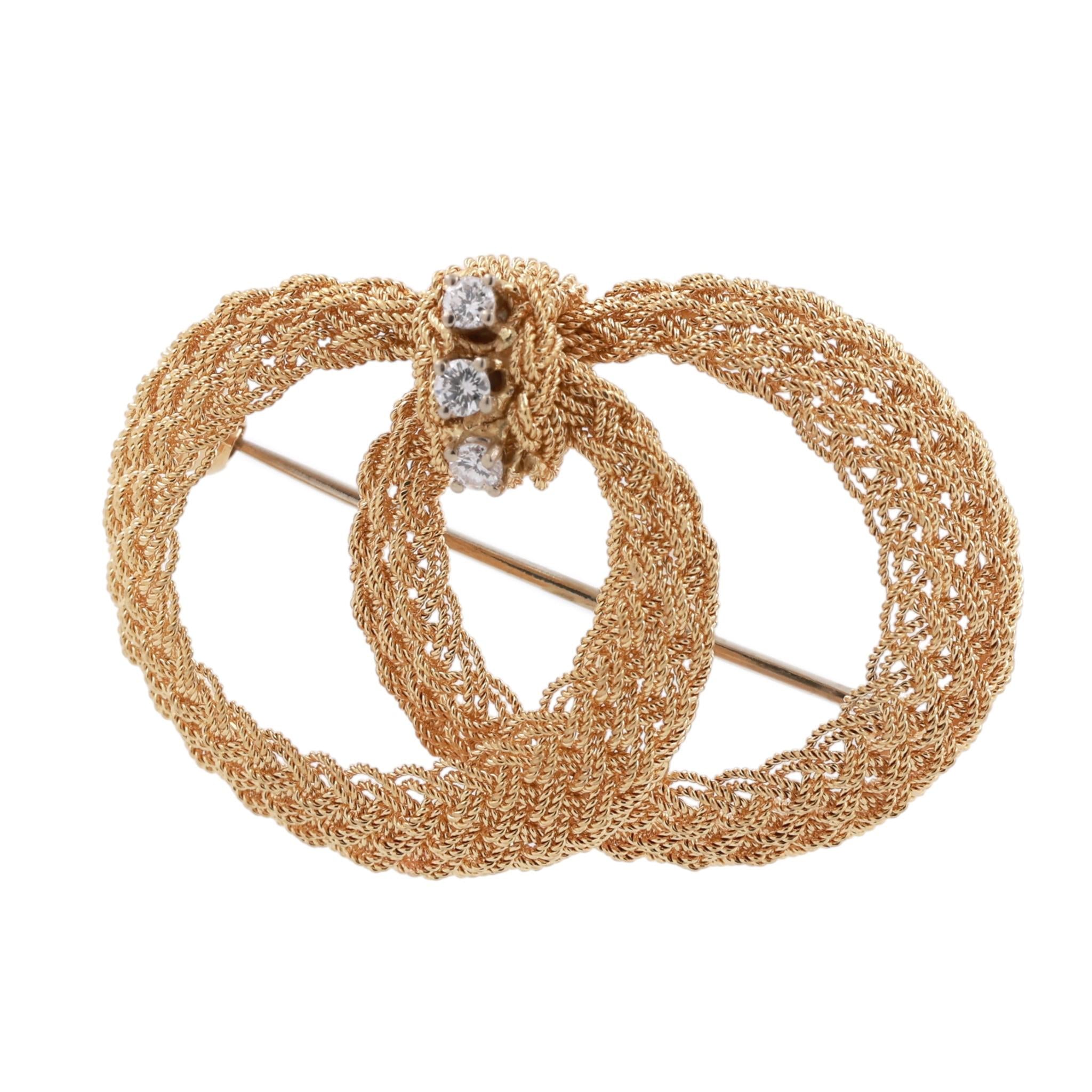 18K Two-Tone Gold Diamond Woven Mesh Double Oval Knot Brooch Pin Italy