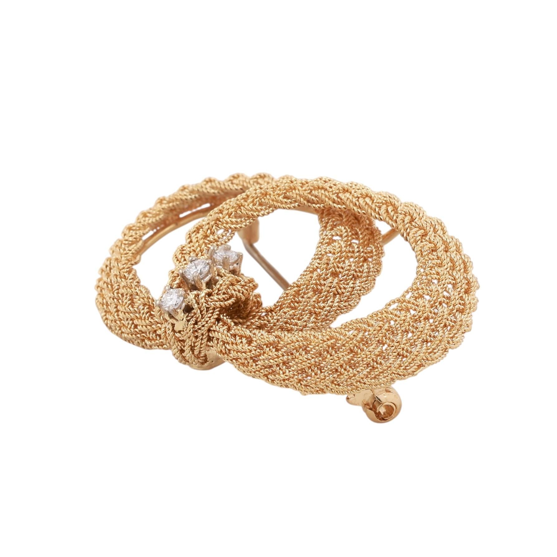 18K Two-Tone Gold Diamond Woven Mesh Double Oval Knot Brooch Pin Italy