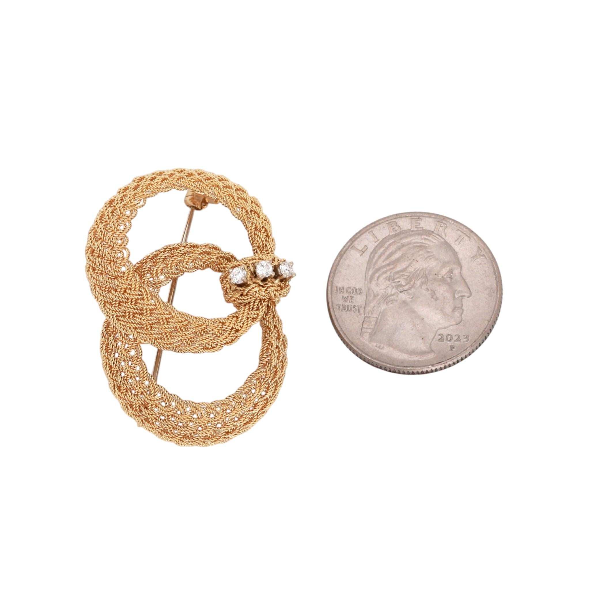 18K Two-Tone Gold Diamond Woven Mesh Double Oval Knot Brooch Pin Italy