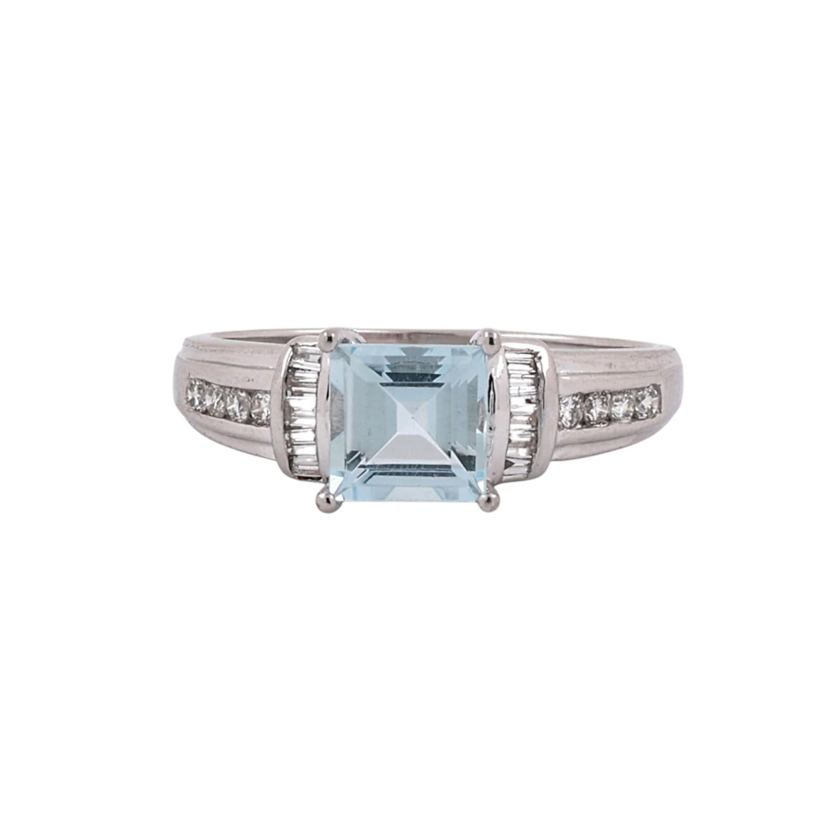 1.25CTW Aquamarine Diamond Ring 14K White Gold Baguette Accent Size 7 Estate
