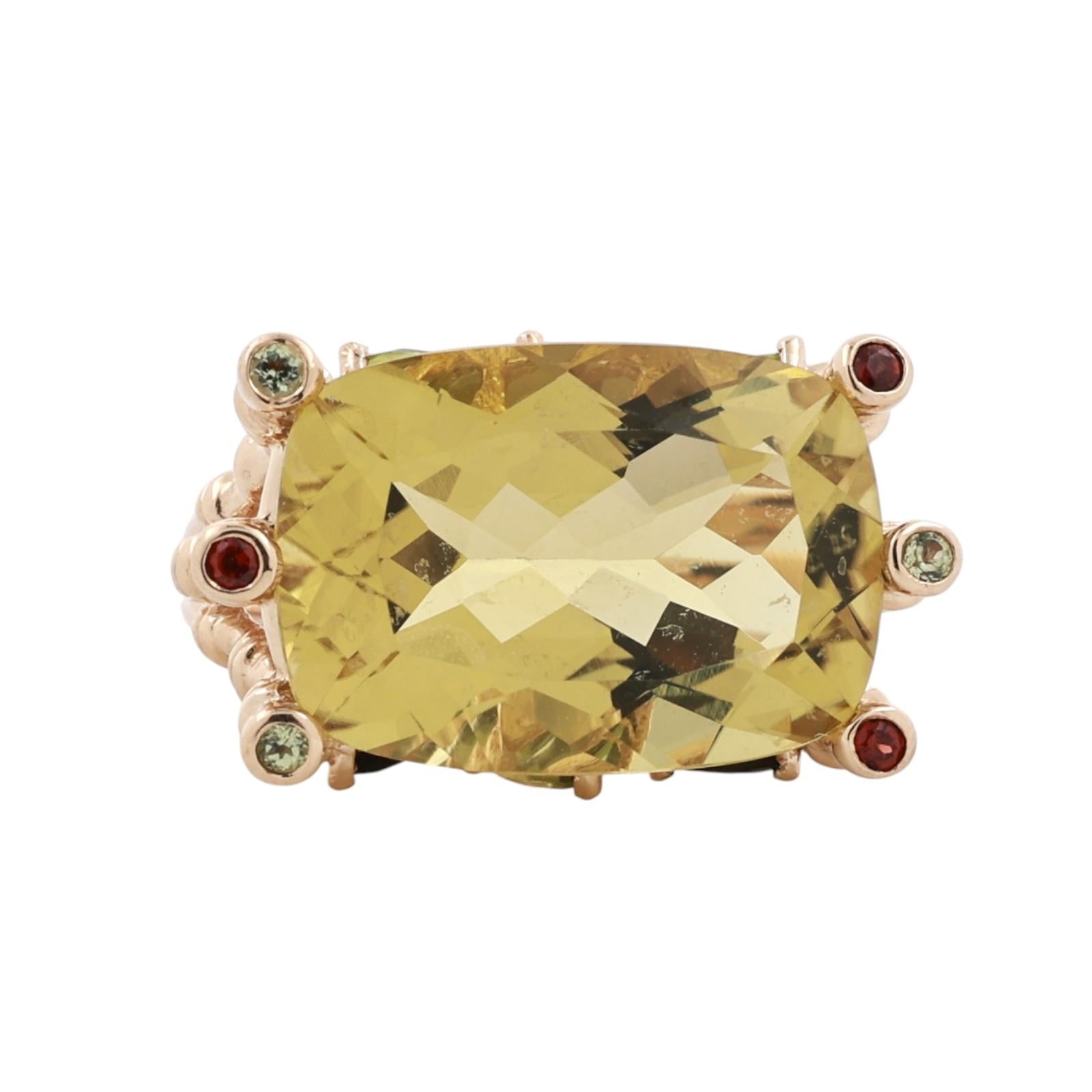 14K Yellow Gold 15.50CT Lemon Citrine Tourmaline Garnet Cocktail Ring Size 8