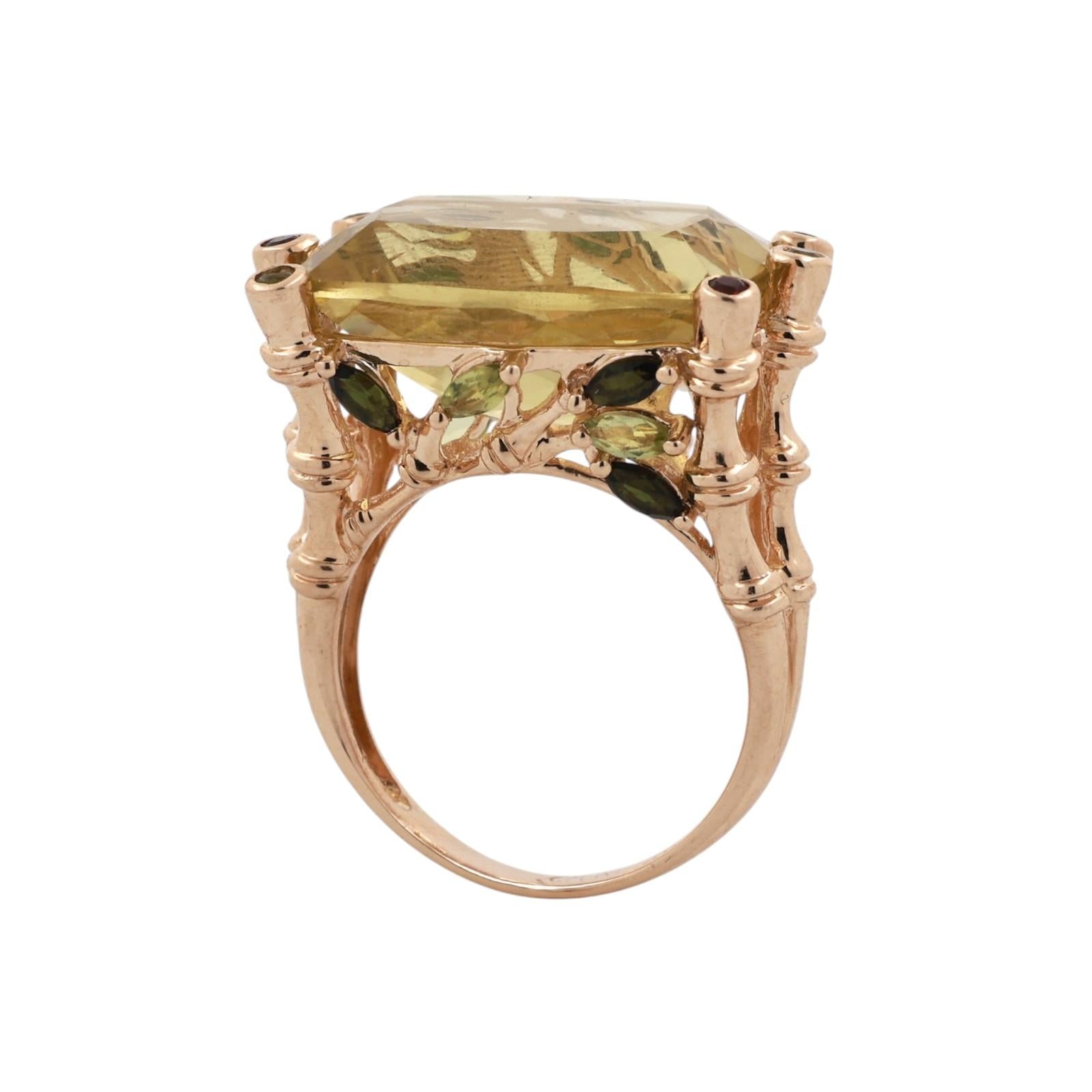 14K Yellow Gold 15.50CT Lemon Citrine Tourmaline Garnet Cocktail Ring Size 8