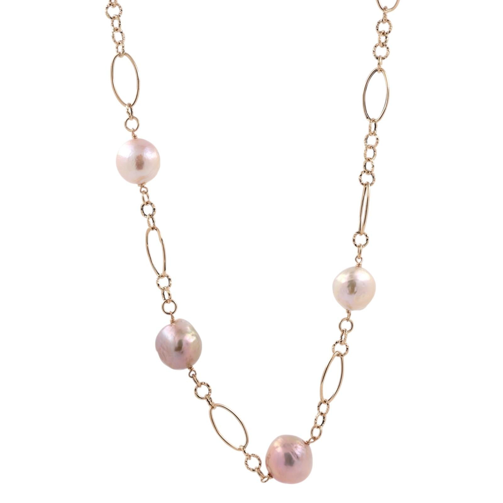 14K Yellow Gold Pink Baroque Akoya Pearl Station Necklace 18" Oval Link