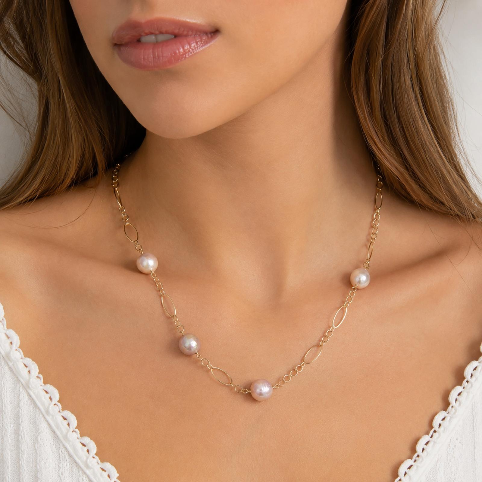 14K Yellow Gold Pink Baroque Akoya Pearl Station Necklace 18" Oval Link