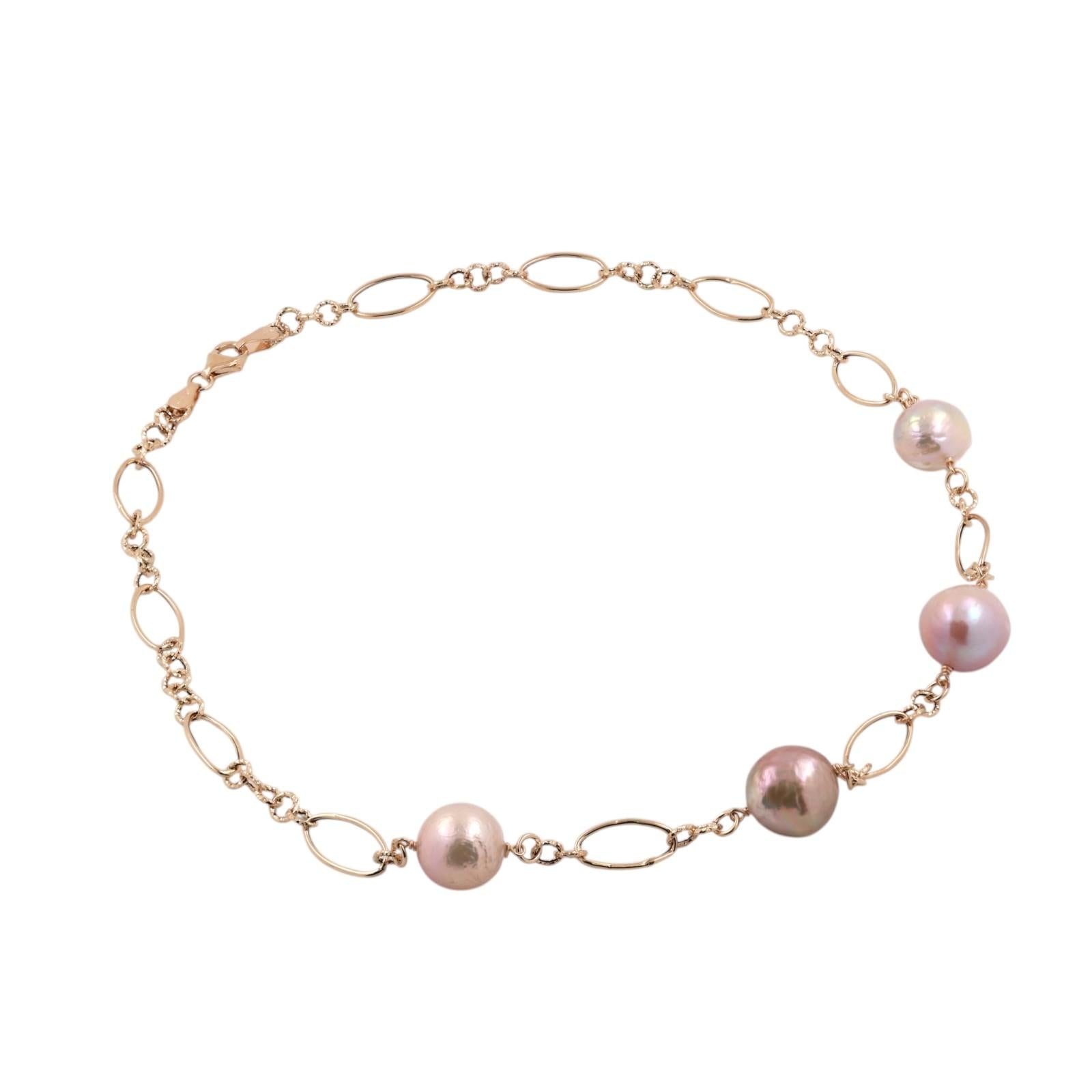 14K Yellow Gold Pink Baroque Akoya Pearl Station Necklace 18" Oval Link