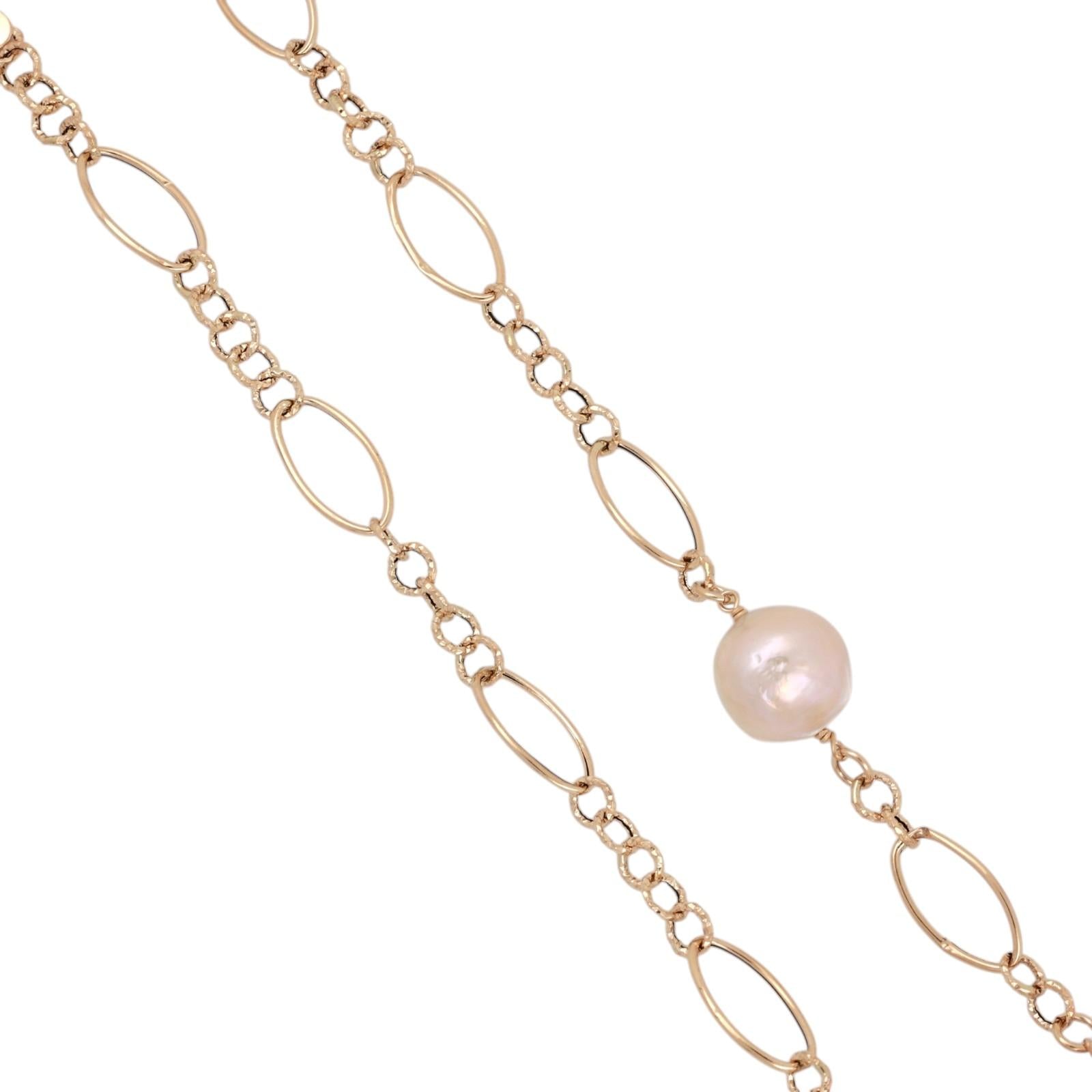 14K Yellow Gold Pink Baroque Akoya Pearl Station Necklace 18" Oval Link