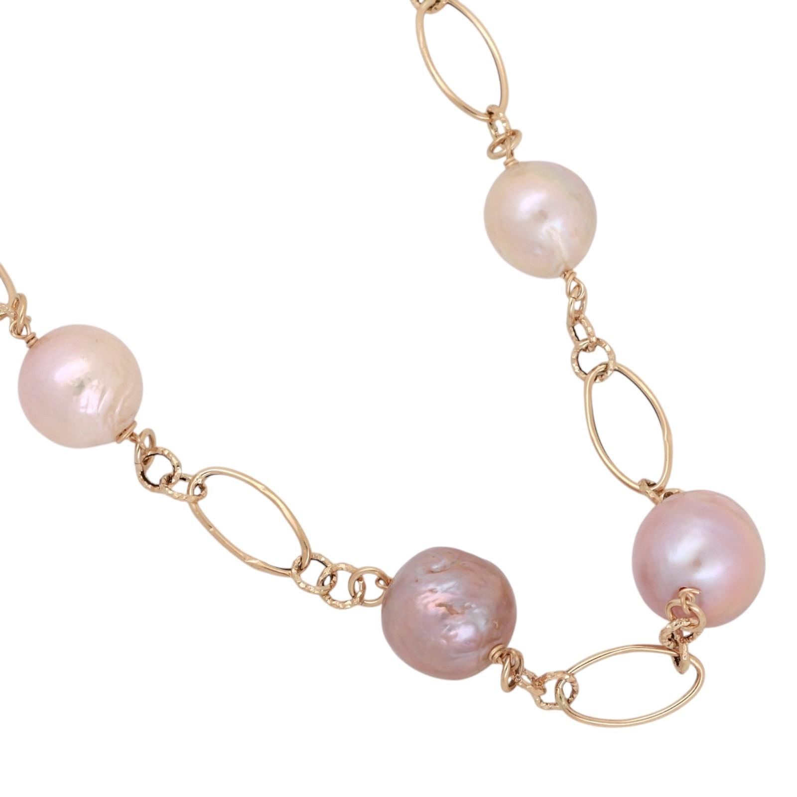 14K Yellow Gold Pink Baroque Akoya Pearl Station Necklace 18" Oval Link