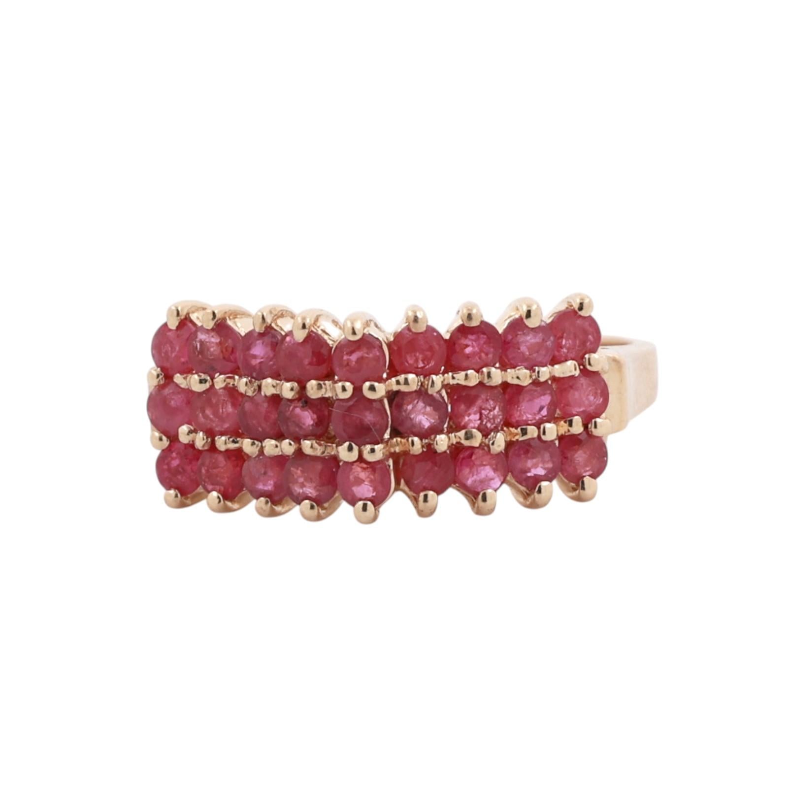 10K Yellow Gold 1.08CTW Natural Ruby 3-Row Cluster Cocktail Ring Size 6