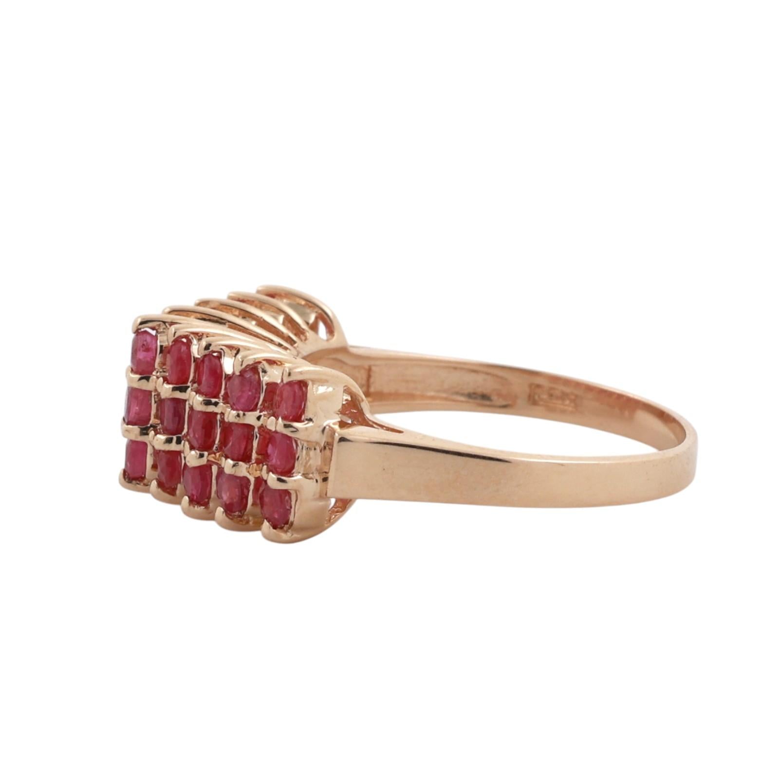 10K Yellow Gold 1.08CTW Natural Ruby 3-Row Cluster Cocktail Ring Size 6