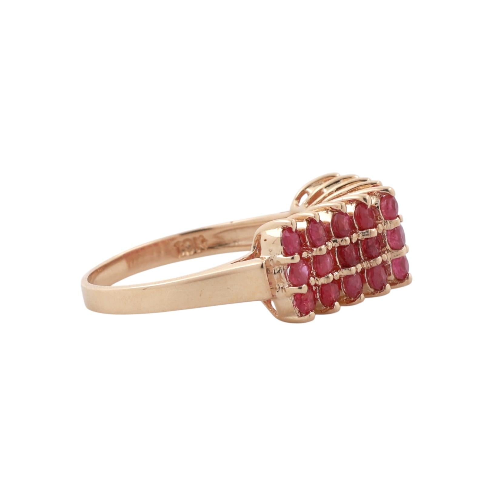 10K Yellow Gold 1.08CTW Natural Ruby 3-Row Cluster Cocktail Ring Size 6