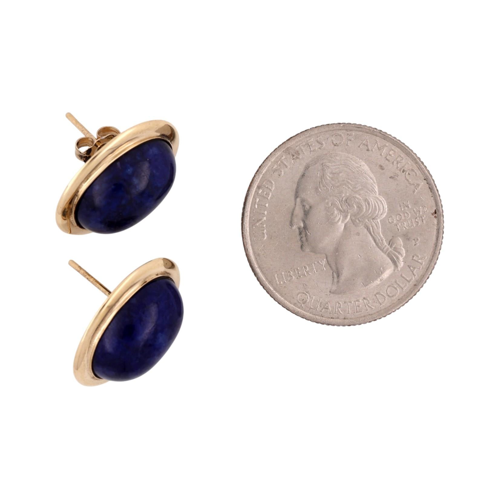 14K Yellow Gold Oval Lapis Lazuli Bezel Stud Earrings Estate Blue Gemstone