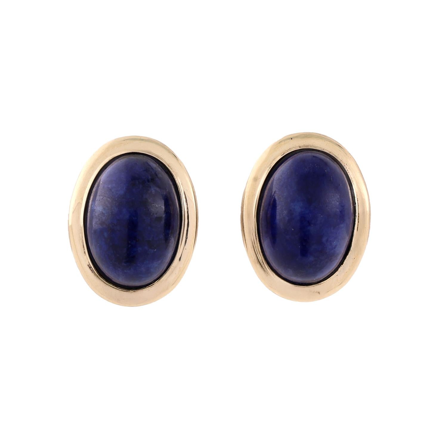 14K Yellow Gold Oval Lapis Lazuli Bezel Stud Earrings Estate Blue Gemstone