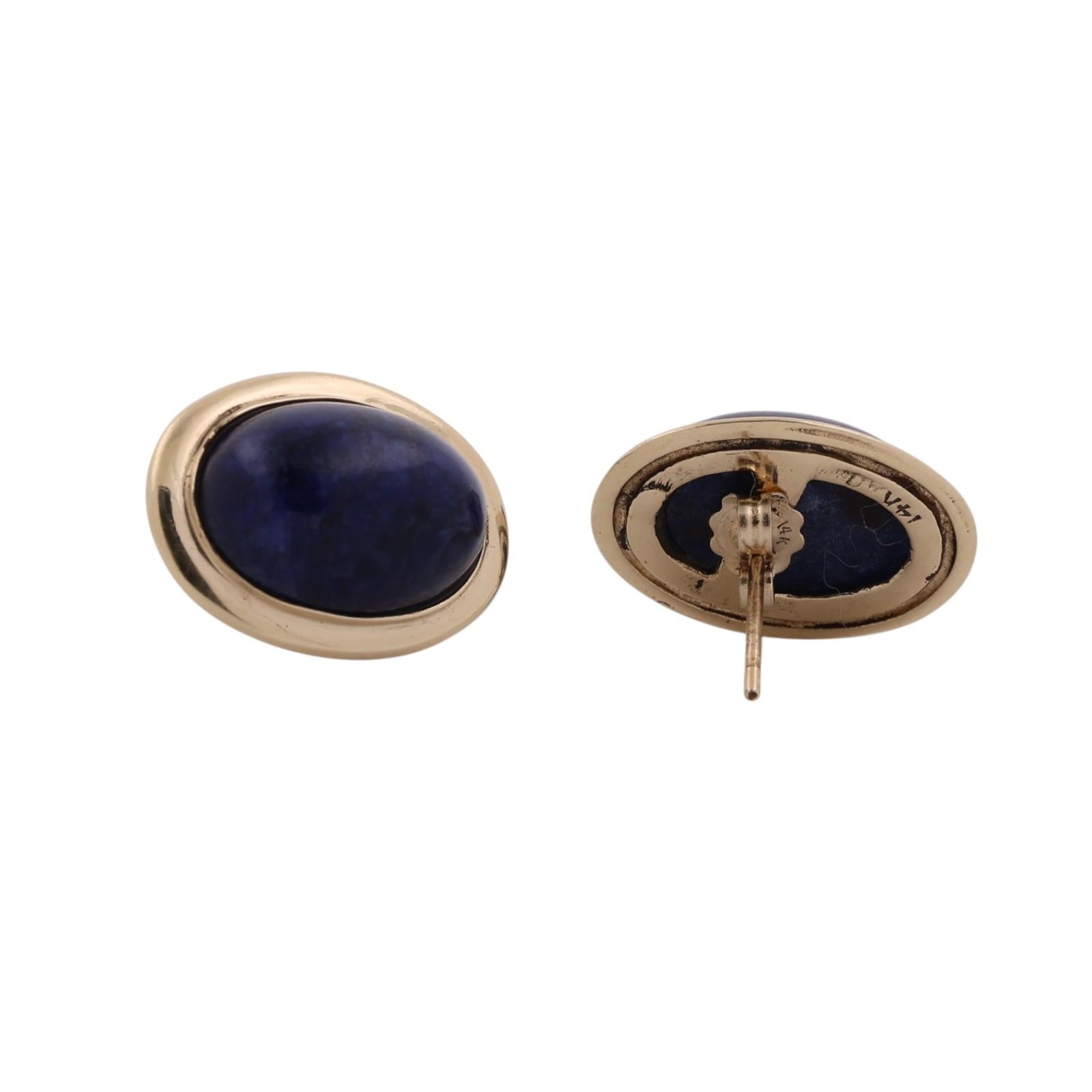 14K Yellow Gold Oval Lapis Lazuli Bezel Stud Earrings Estate Blue Gemstone