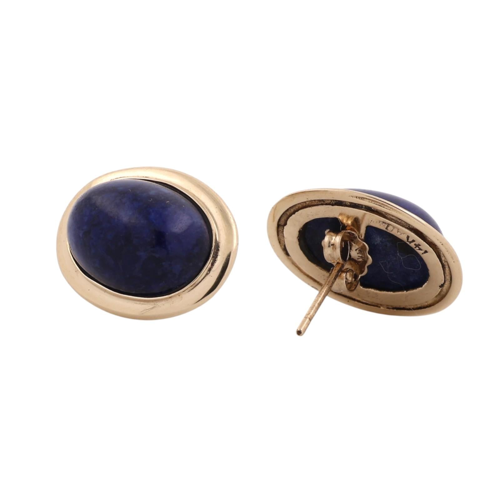 14K Yellow Gold Oval Lapis Lazuli Bezel Stud Earrings Estate Blue Gemstone
