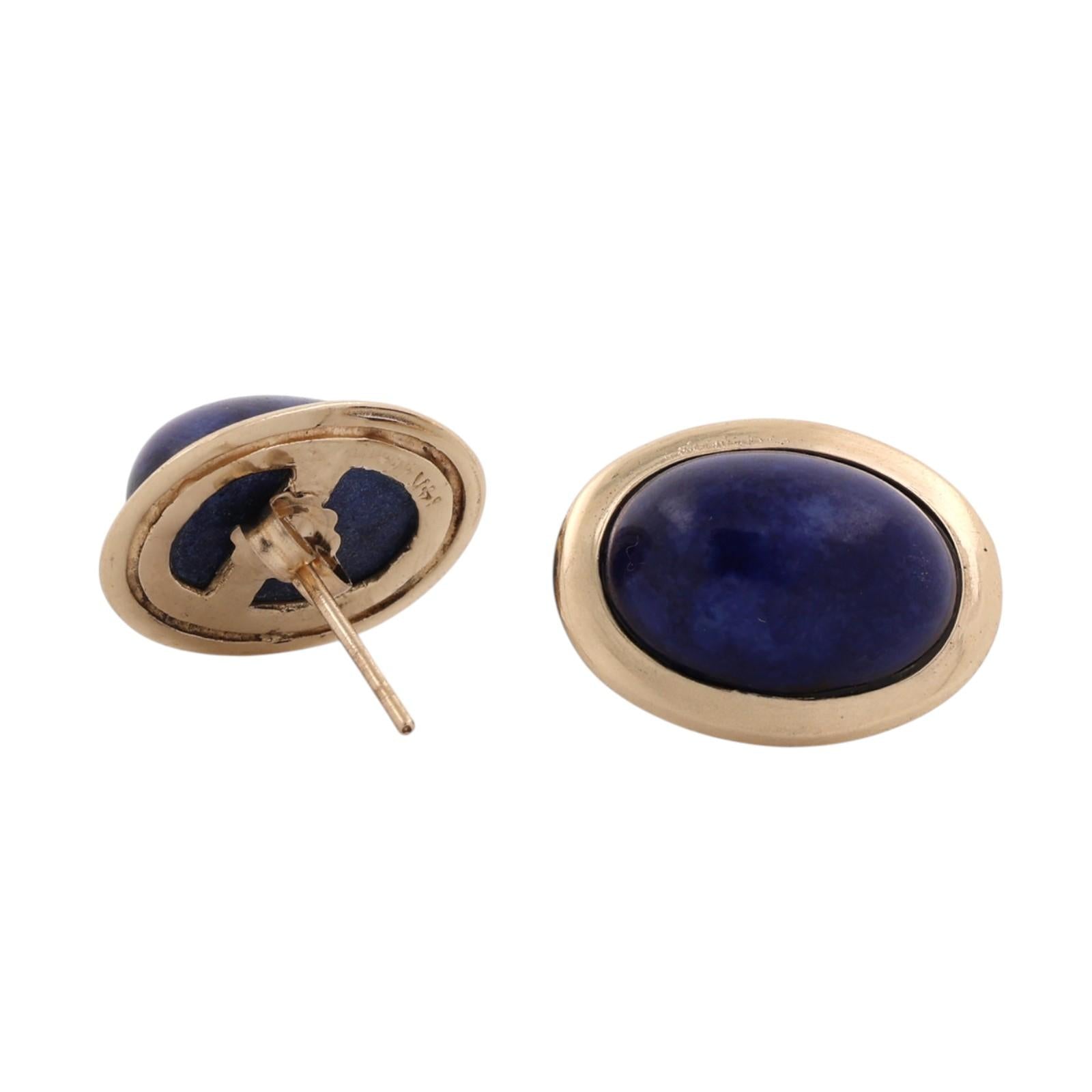 14K Yellow Gold Oval Lapis Lazuli Bezel Stud Earrings Estate Blue Gemstone