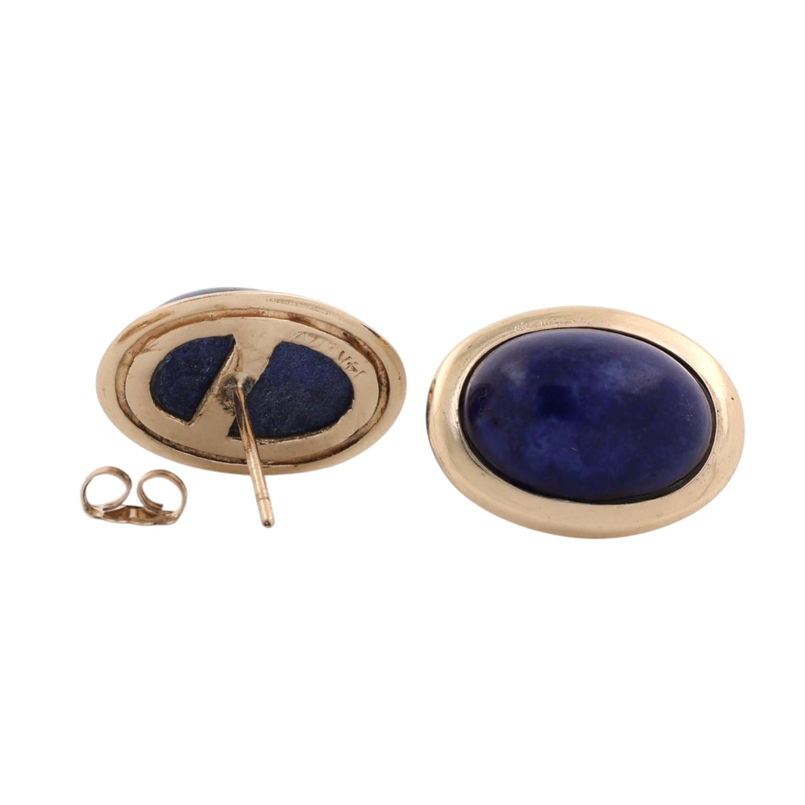 14K Yellow Gold Oval Lapis Lazuli Bezel Stud Earrings Estate Blue Gemstone
