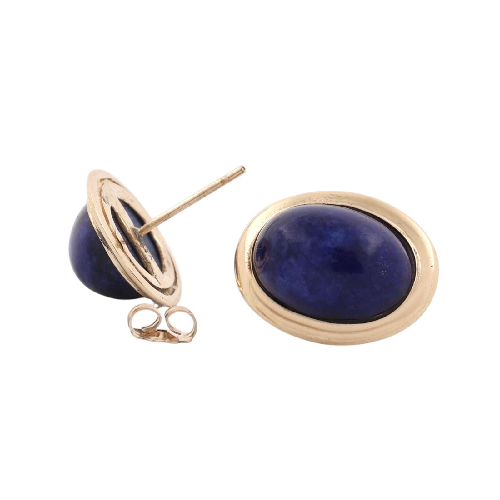 14K Yellow Gold Oval Lapis Lazuli Bezel Stud Earrings Estate Blue Gemstone