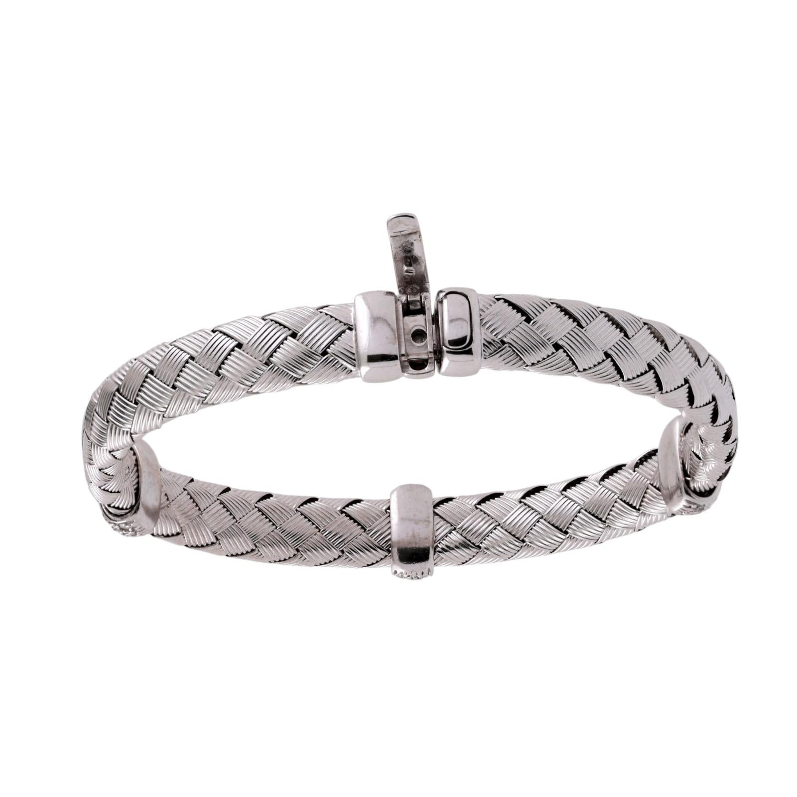 14K White Gold Diamond Woven Bangle Bracelet 0.50 CTW Italy Basket Weave 6.75"