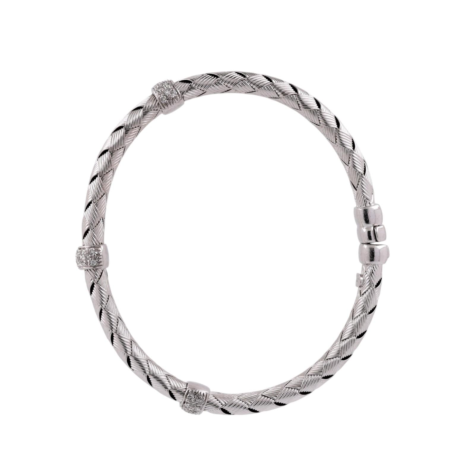 14K White Gold Diamond Woven Bangle Bracelet 0.50 CTW Italy Basket Weave 6.75"
