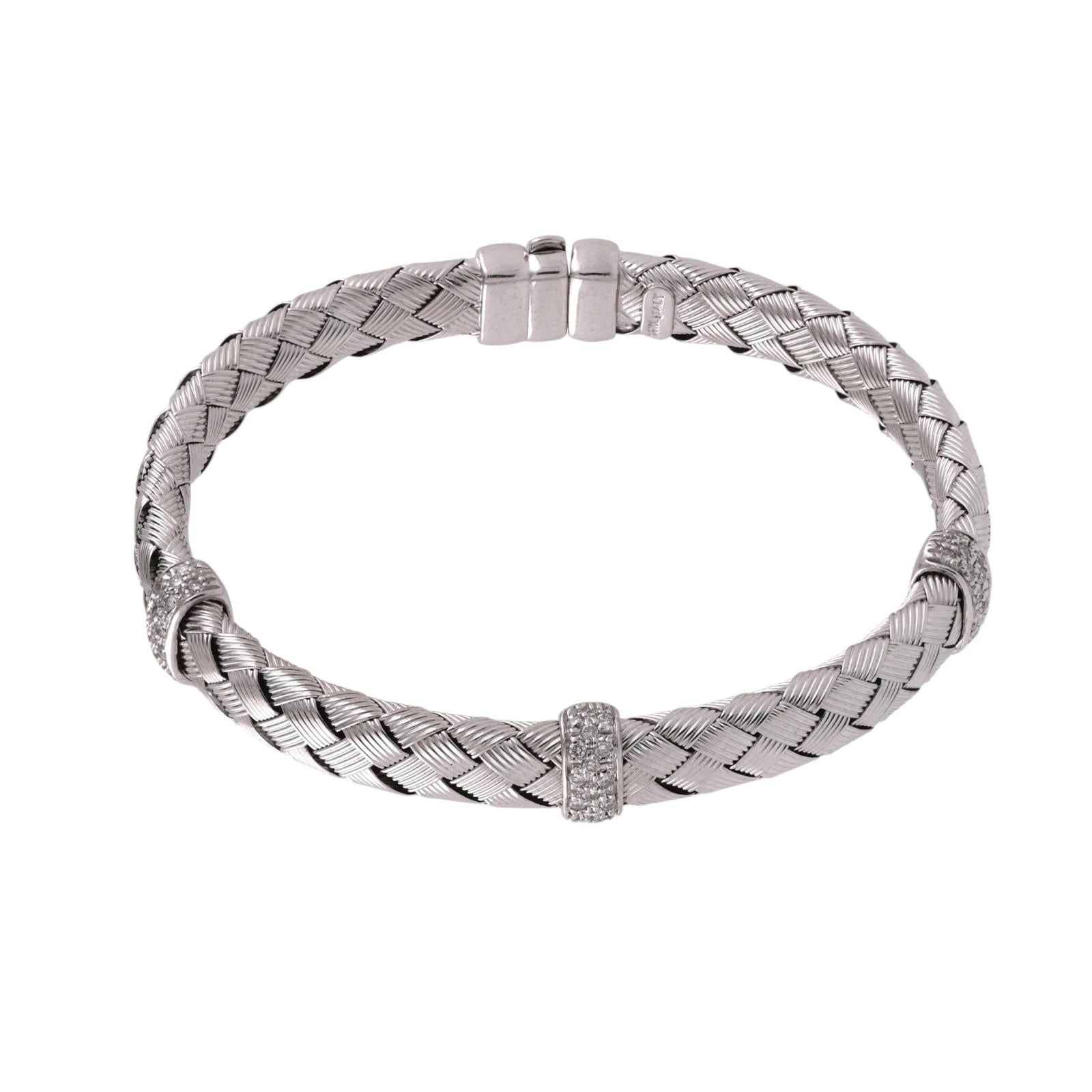 14K White Gold Diamond Woven Bangle Bracelet 0.50 CTW Italy Basket Weave 6.75"