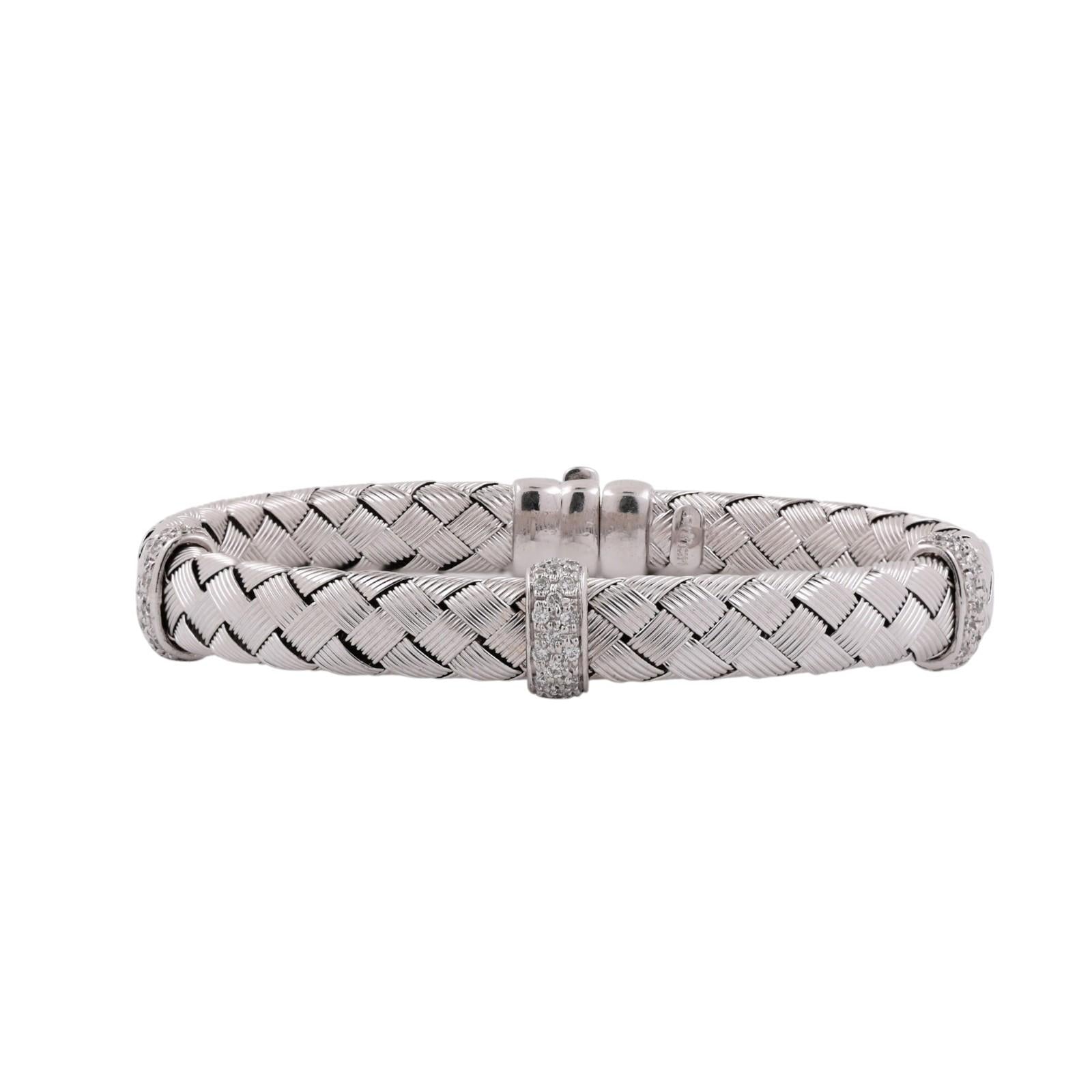 14K White Gold Diamond Woven Bangle Bracelet 0.50 CTW Italy Basket Weave 6.75"