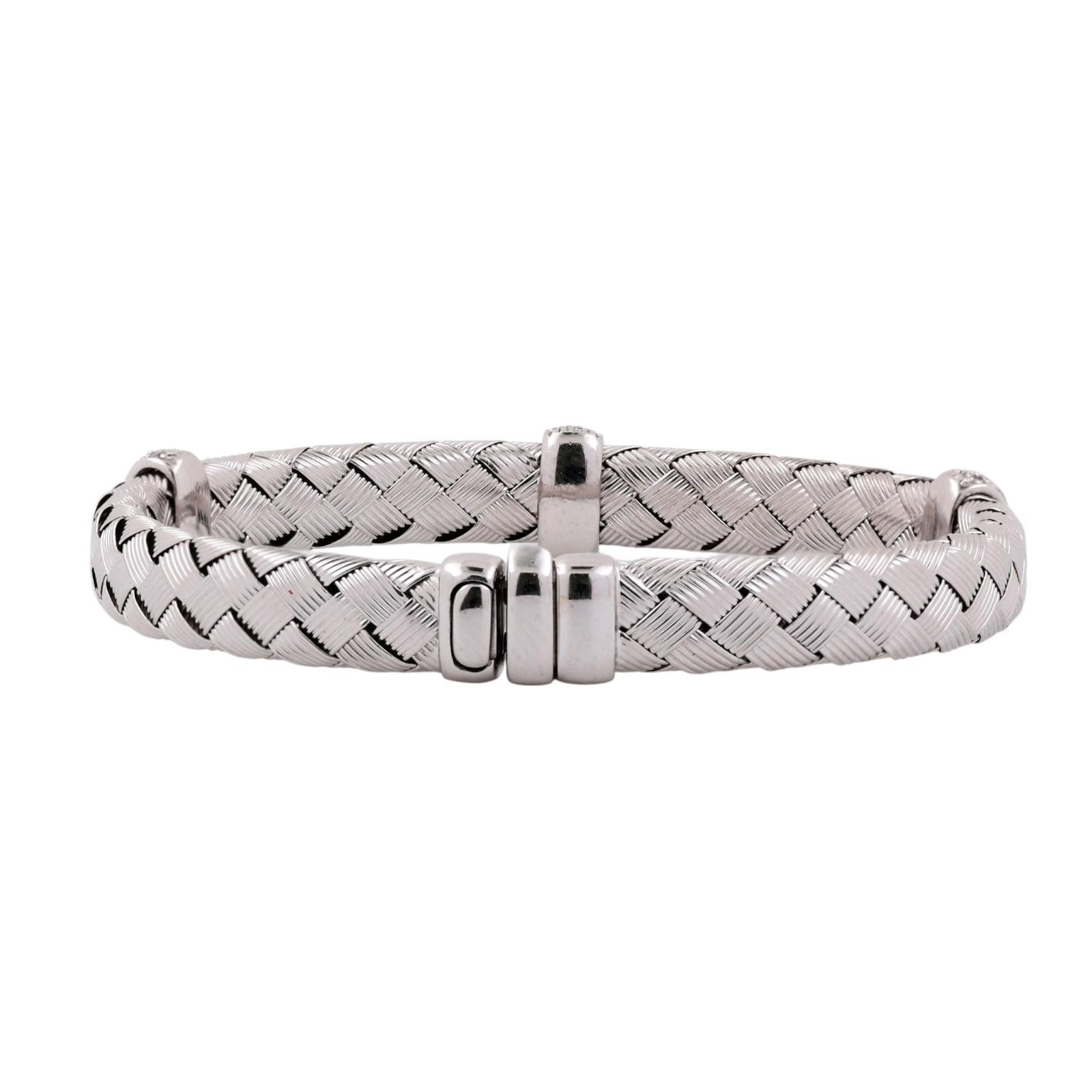 14K White Gold Diamond Woven Bangle Bracelet 0.50 CTW Italy Basket Weave 6.75"