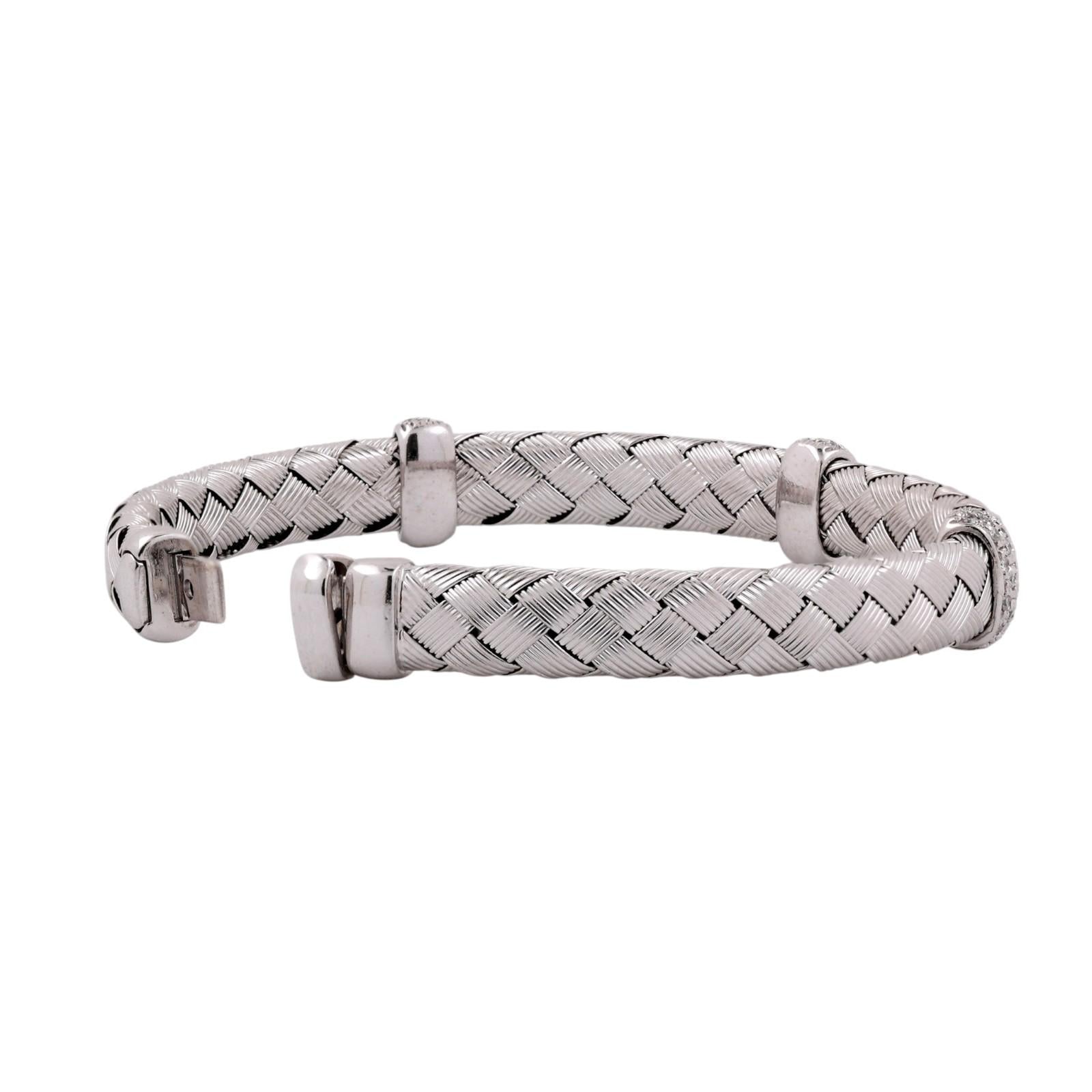14K White Gold Diamond Woven Bangle Bracelet 0.50 CTW Italy Basket Weave 6.75"