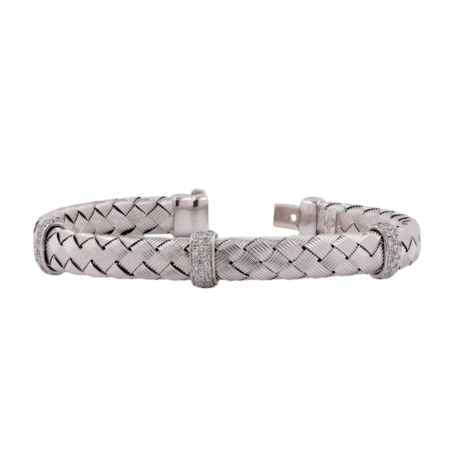 14K White Gold Diamond Woven Bangle Bracelet 0.50 CTW Italy Basket Weave 6.75"