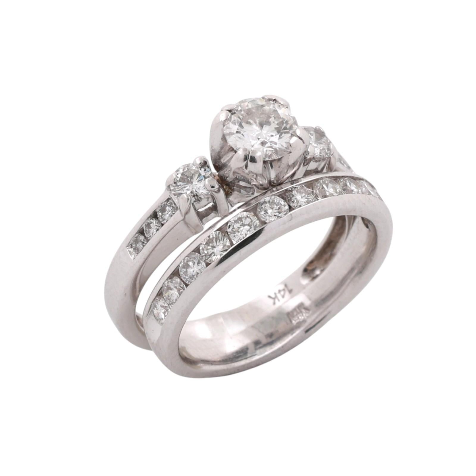 14K White Gold 1.30CTW Diamond Bridal Set 0.50CT Center Engagement Ring Sz 5.25