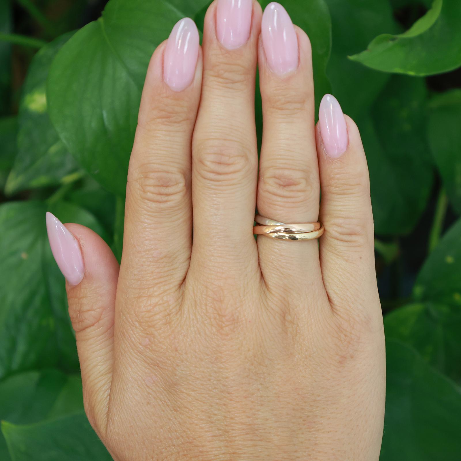 14K Tri-Color Gold Rolling Trinity Band Ring Yellow White Rose Gold Size 5.75