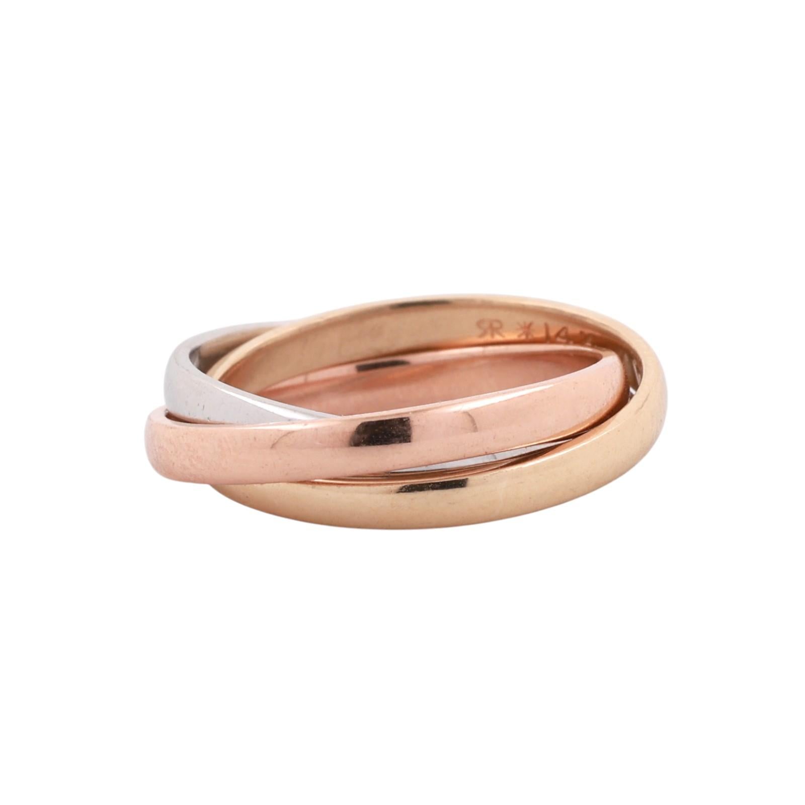 14K Tri-Color Gold Rolling Trinity Band Ring Yellow White Rose Gold Size 5.75