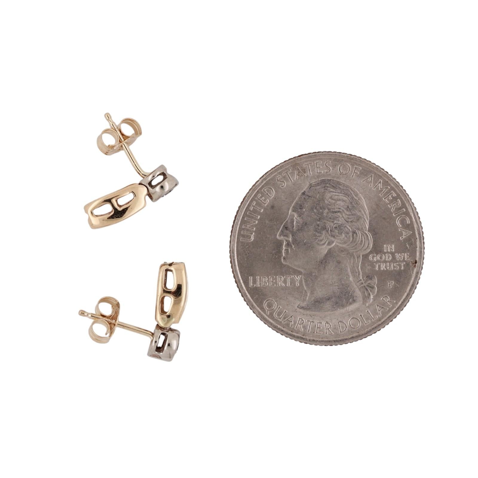 14K Two Tone Gold Diamond Stud Dangle Earrings Round and Baguette 0.30CTW Estate