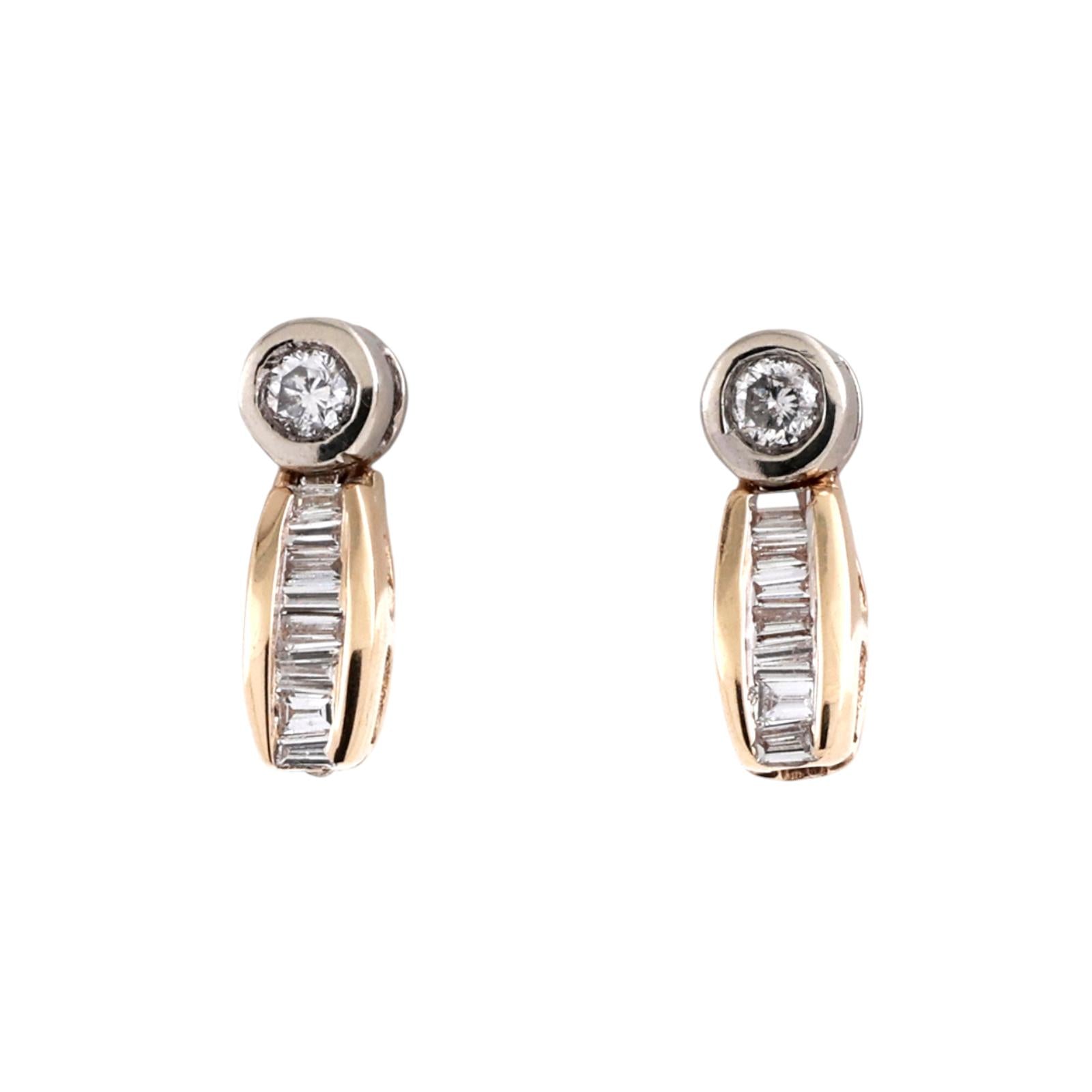 14K Two Tone Gold Diamond Stud Dangle Earrings Round and Baguette 0.30CTW Estate