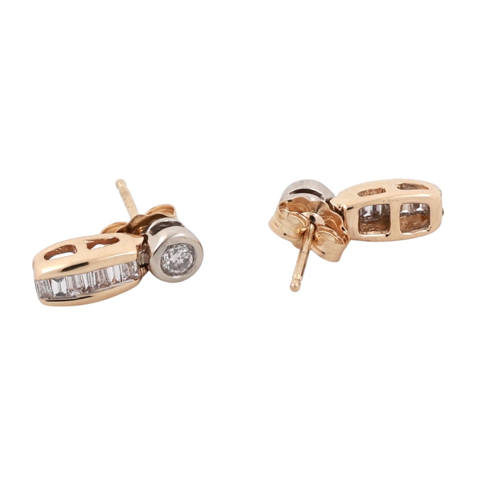14K Two Tone Gold Diamond Stud Dangle Earrings Round and Baguette 0.30CTW Estate