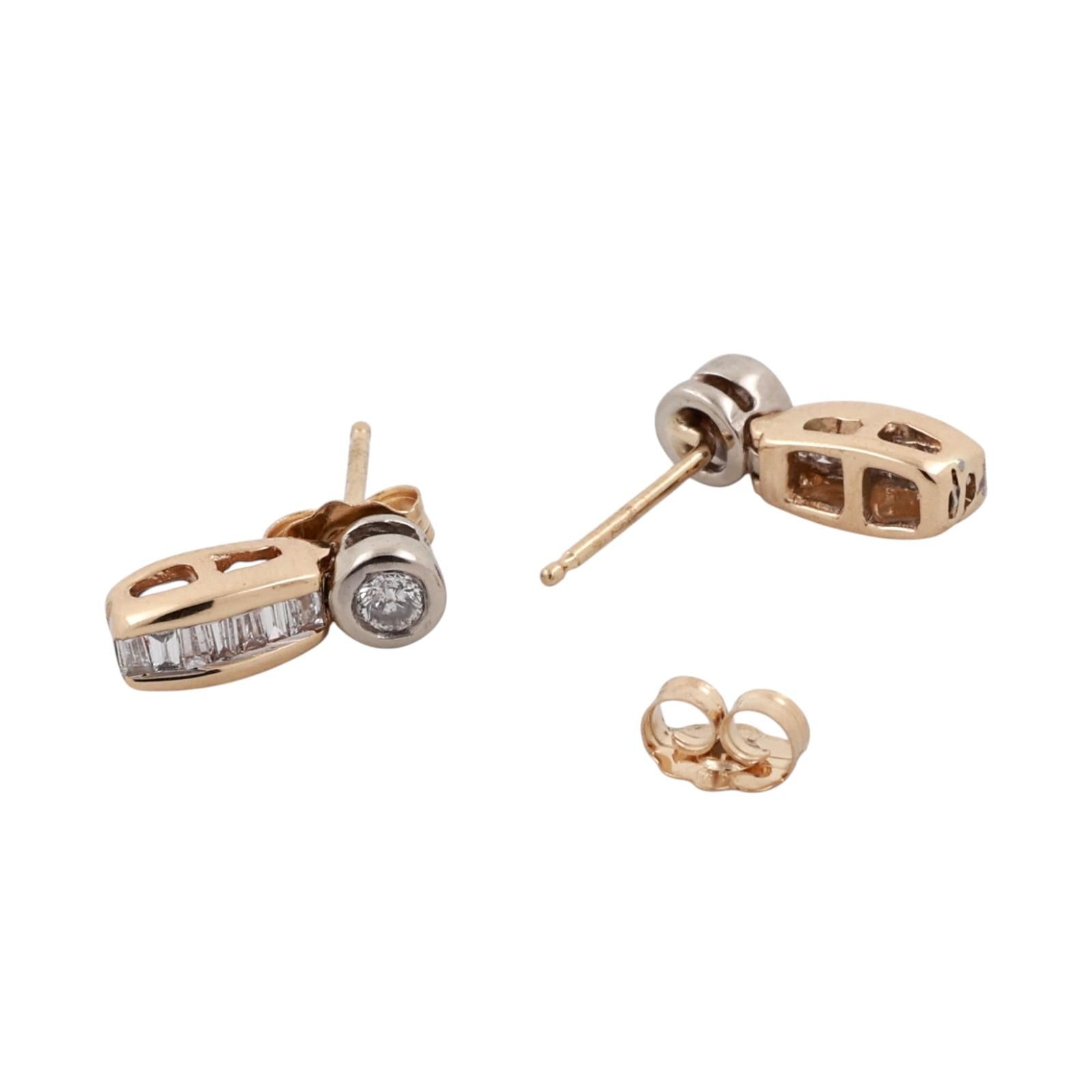 14K Two Tone Gold Diamond Stud Dangle Earrings Round and Baguette 0.30CTW Estate