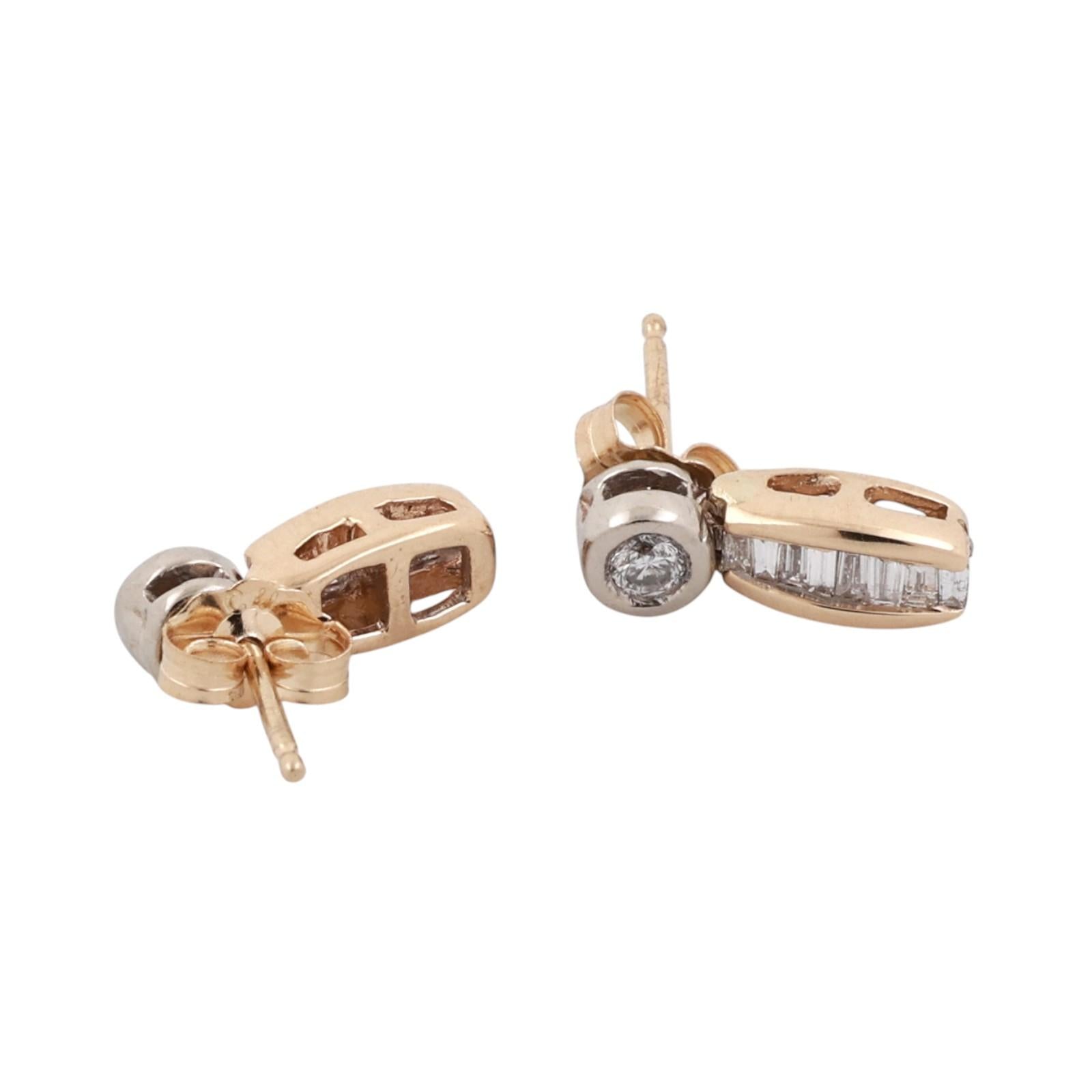 14K Two Tone Gold Diamond Stud Dangle Earrings Round and Baguette 0.30CTW Estate